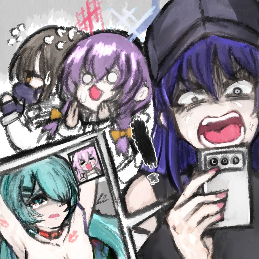 arius squad (blue archive), atsuko (blue archive), hiyori (blue archive), hoshino (blue archive), misaki (blue archive), saori (blue archive), blue archive, !, > <, 5girls, armpits, arms up, black hair, blue hair, breasts, brown eyes, cellphone, closed eyes, constricted pupils, convenient censoring, flying sweatdrops, grey eyes, hair over one eye, half-closed eye, halo, horrified, large breasts, lipstick mark, long hair, low twintails, multiple girls, nervous, nude, o o, open mouth, panicking, phone, pink hair, purple hair, restrained, riseki, shadow, smartphone, surprised, sweat, tears, teeth, tongue, twintails, watching, white eyes, wide-eyed, yuri