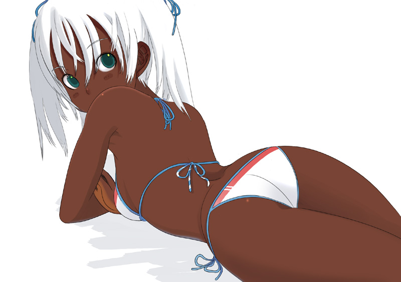kiriman (souldeep), original, 1girl, ass, bikini, dark-skinned female, dark skin, female focus, from behind, green eyes, side-tie bikini bottom, solo, swimsuit, white bikini, white hair