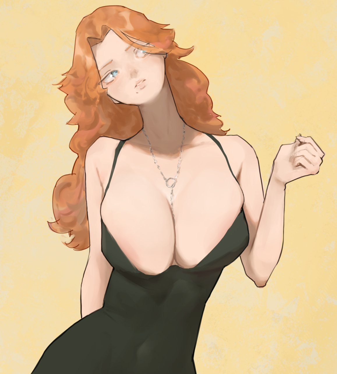 numb3r 3, matsumoto rangiku, bleach, 1girl, bare shoulders, black dress, blue eyes, breasts, chain, chain necklace, collarbone, dress, female focus, jewelry, large breasts, long hair, mole, mole under mouth, necklace, orange hair, simple background, upper body, yellow background