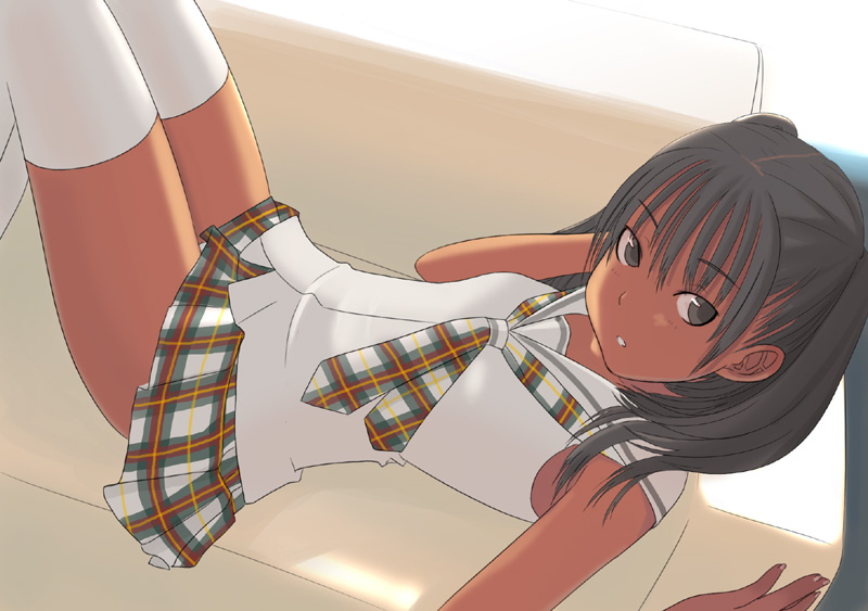 kiriman (souldeep), 1girl, black eyes, black hair, dark-skinned female, dark skin, female focus, lying, panties, pantyshot, plaid clothes, plaid skirt, school uniform, serafuku, short twintails, simple background, skirt, solo, thighhighs, twintails, underwear, white background, white panties, white thighhighs, zettai ryouiki