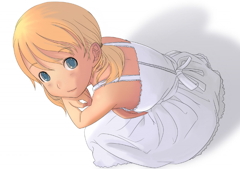 kiriman (souldeep), 1girl, blonde hair, blue eyes, bow, dress, female focus, hairband, hand on another's chin, kneeling, looking up, short twintails, smile, solo, twintails, white dress
