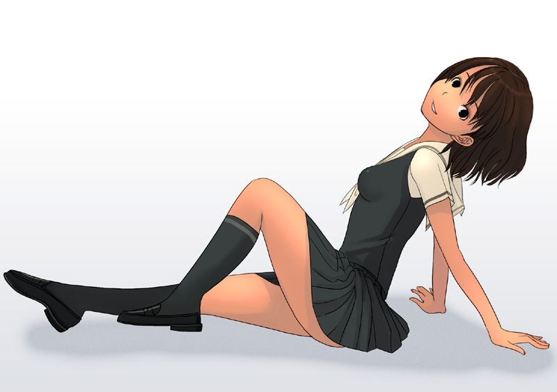 kiriman (souldeep), 1girl, black dress, black hair, dress, female focus, kneehighs, school uniform, serafuku, simple background, socks, solo