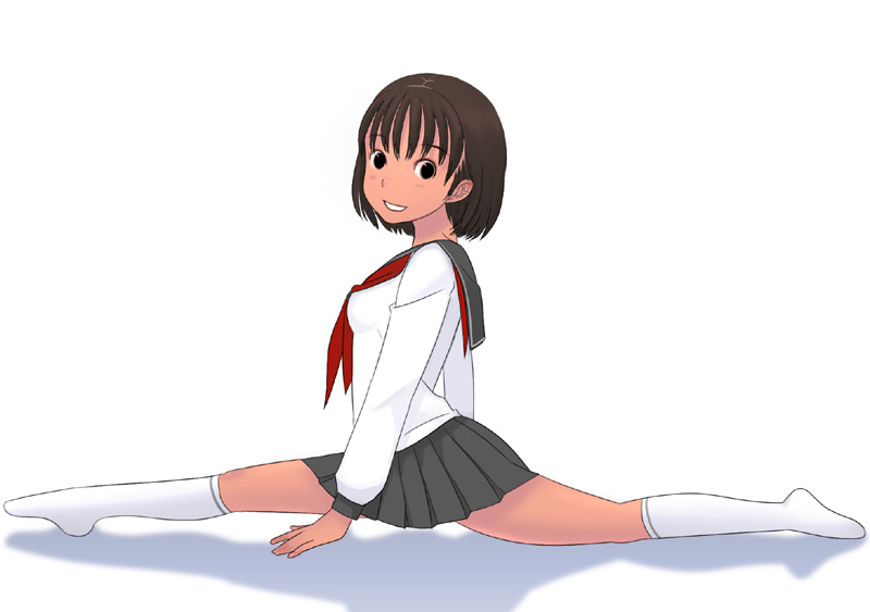 kiriman (souldeep), 1girl, black eyes, brown hair, female focus, kneehighs, school uniform, serafuku, short hair, skirt, smile, socks, solo, split, spread legs