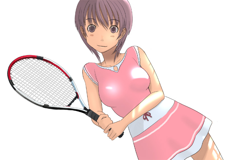 kiriman (souldeep), 1girl, black hair, dress, female focus, pink dress, pink skirt, racket, skirt, solo, tennis racket