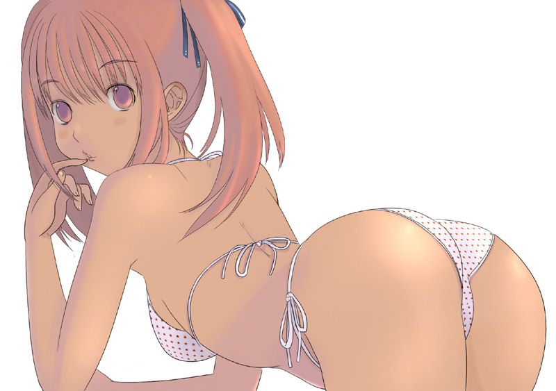 kiriman (souldeep), original, 1girl, ass, bent over, bikini, blush, dark-skinned female, dark skin, female focus, from behind, looking back, pink eyes, pink hair, polka dot, polka dot bikini, polka dot swimsuit, side-tie bikini bottom, solo, swimsuit, twintails, white bikini