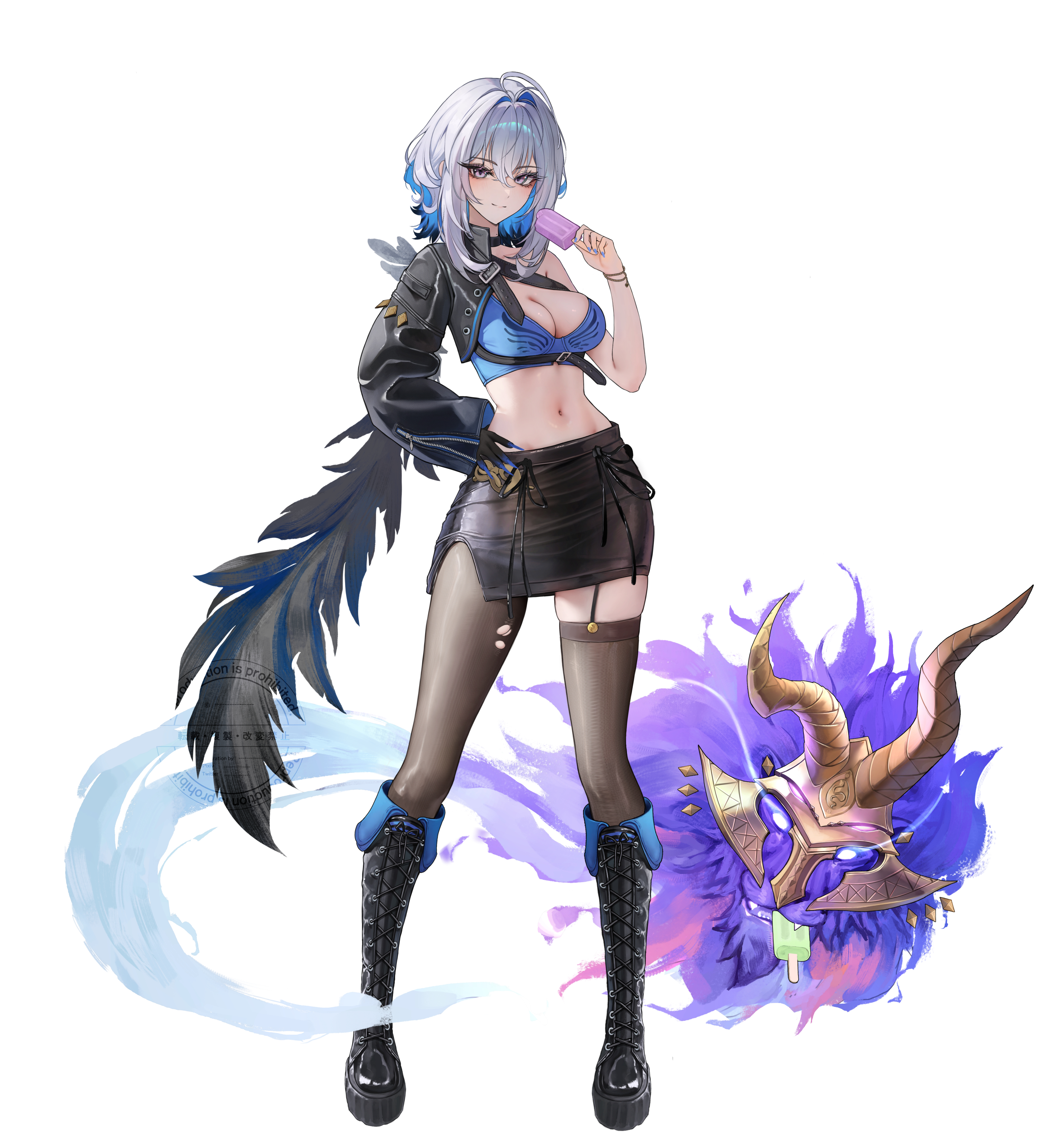 bubble99, galbrena (wuthering waves), wuthering waves, absurdres, commentary request, highres, korean commentary, 1girl, adapted costume, black boots, black jacket, black pantyhose, black skirt, black thighhighs, black wings, blue bra, blue hair, boots, bra, breasts, chimera (wuthering waves), closed mouth, colored inner hair, cropped jacket, feathered wings, food, full body, grey hair, hair between eyes, hand on own hip, holding, holding food, holding popsicle, jacket, lace-up boots, large breasts, looking at viewer, medium hair, multicolored hair, navel, pantyhose, popsicle, purple eyes, simple background, single sleeve, single thighhigh, single wing, skirt, smile, standing, stomach, tacet discord (wuthering waves), thighhighs, thighs, torn clothes, torn pantyhose, underwear, white background, wings