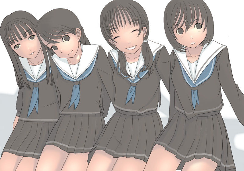 kiriman (souldeep), ^o^, 4girls, :o, ^ ^, black eyes, black serafuku, blunt bangs, brown hair, closed eyes, everyone, facing viewer, head tilt, long hair, long sleeves, looking at viewer, looking to the side, low twintails, multiple girls, neckerchief, pleated skirt, school uniform, serafuku, short hair, short twintails, sitting, skirt, smile, swept bangs, twintails