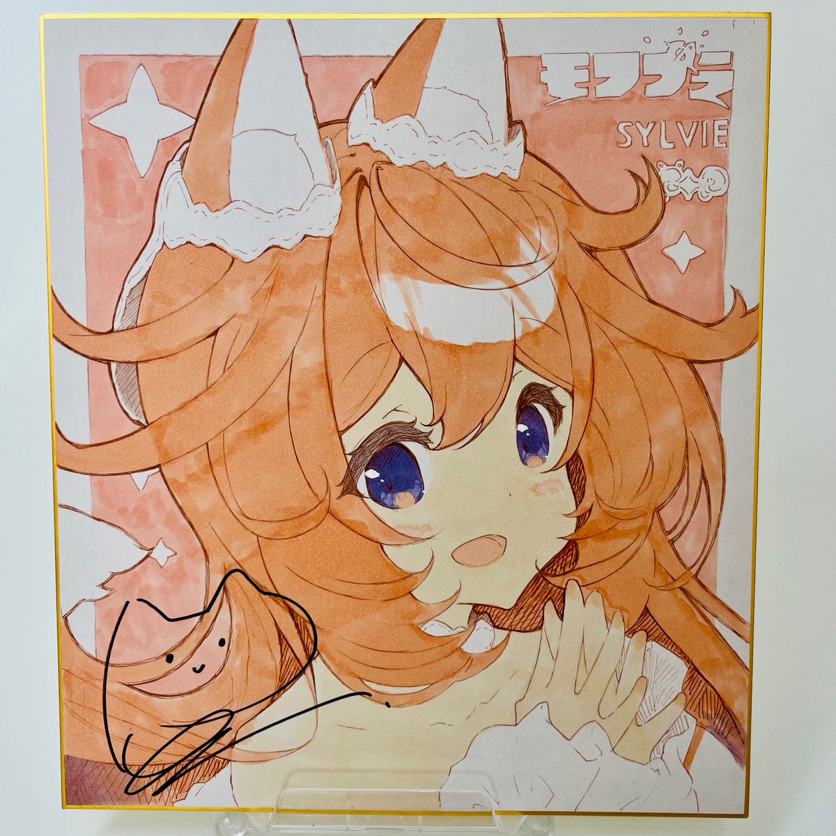 p19, original, commentary request, highres, photo (medium), traditional media, 1girl, :d, animal ear fluff, animal ears, bare shoulders, blush stickers, brown hair, character name, collarbone, dress, hair between eyes, hands up, long sleeves, looking at viewer, off-shoulder dress, off shoulder, open mouth, purple eyes, shikishi, signature, sleeves past wrists, smile, solo, steepled fingers, sylvie (p19), upper body, white dress