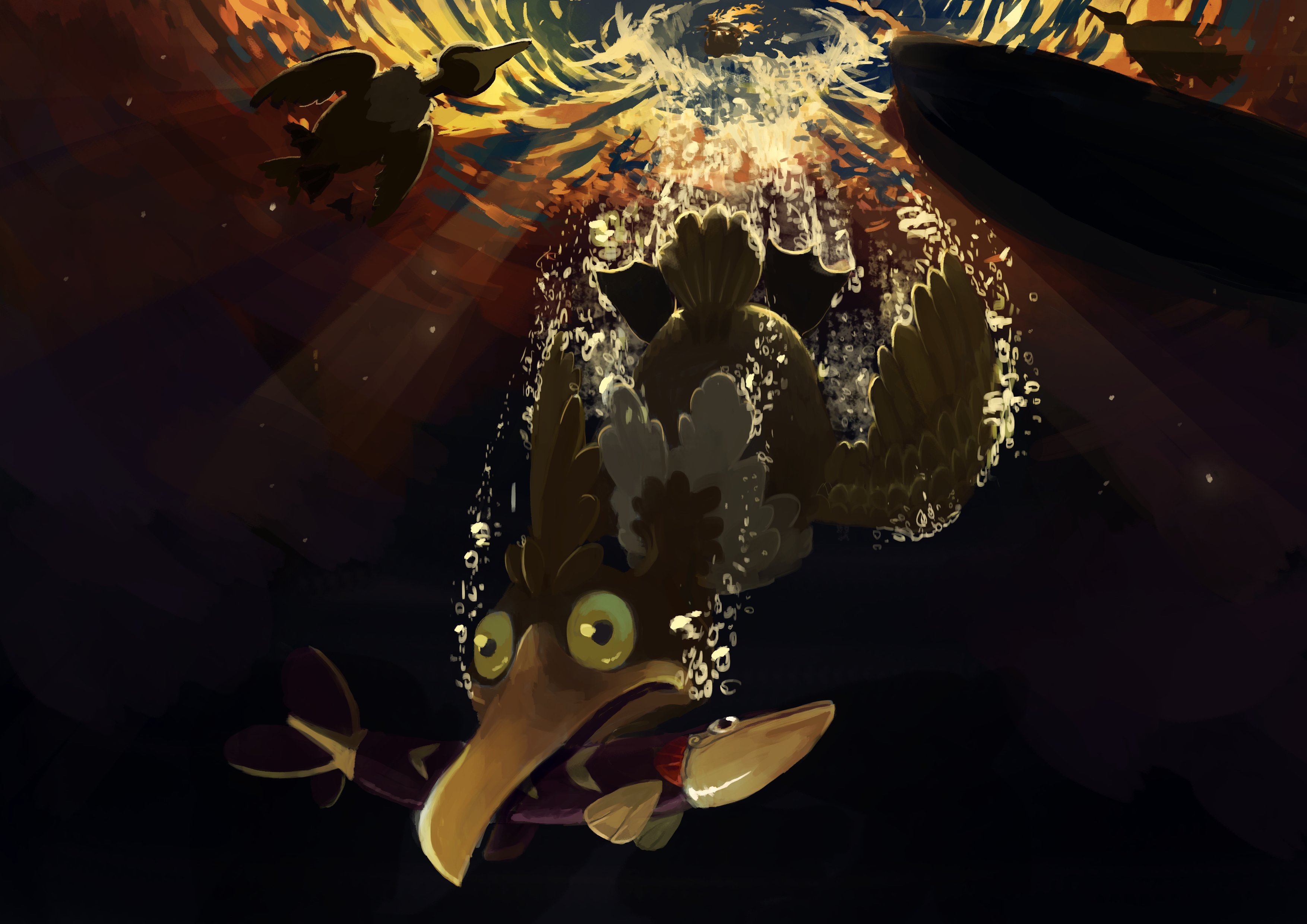 king joe (neoroto), arrokuda, cramorant, nintendo, pokemon, absurdres, commentary request, highres, air bubble, animal focus, bird, boat, bubble, closed mouth, diving, fish, fish in mouth, full body, gen 8 pokemon, no humans, open mouth, pokemon (creature), pokemon focus, underwater, watercraft