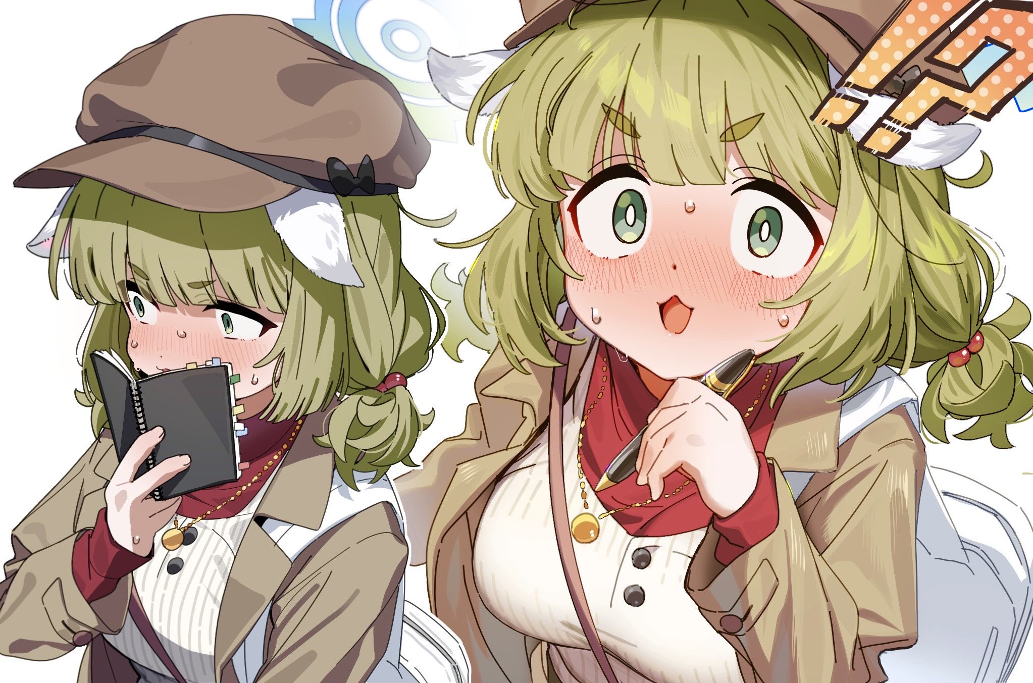 hakoneko (marisa19899200), yakumo (blue archive), blue archive, highres, !, 1girl, ?, animal ears, blush, brown jacket, chestnut mouth, dog ears, dog girl, flat cap, green eyes, green hair, hair tie, halo, hat, jacket, jewelry, necklace, notebook, open mouth, simple background, spoken exclamation mark, spoken question mark, surprised, sweat, sweater vest, turtleneck