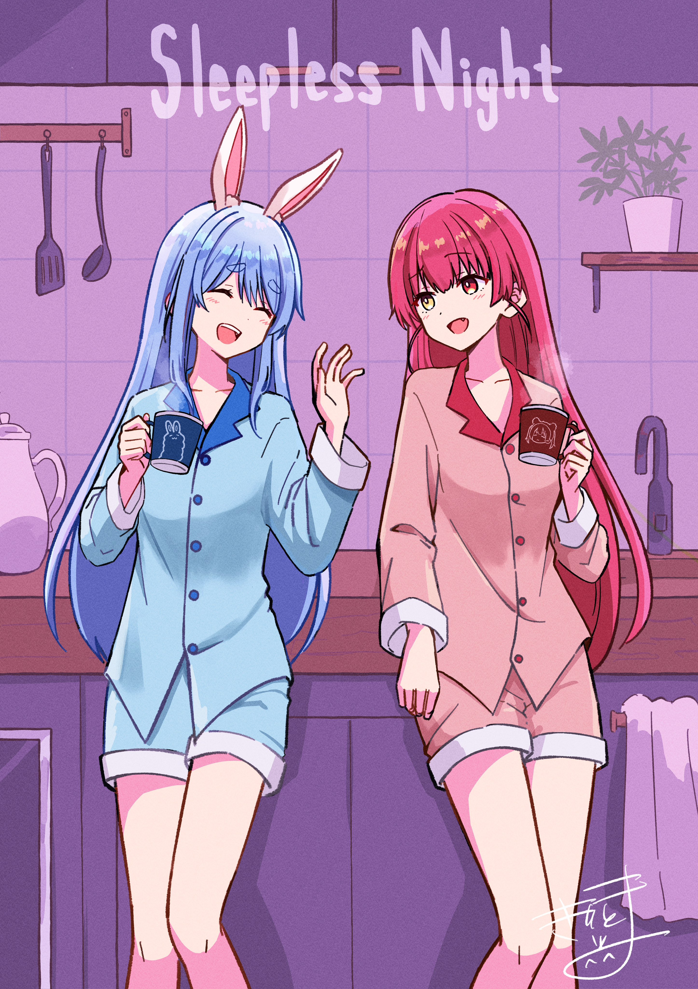 kiritoma, houshou marine, usada pekora, hololive, absurdres, commentary request, highres, 2girls, :d, ^ ^, alternate costume, animal ear fluff, animal ears, blue hair, blue shirt, blue shorts, blush, breasts, brown eyes, closed eyes, collarbone, collared shirt, cup, dress shirt, faucet, hair between eyes, heterochromia, holding, holding cup, indoors, long hair, mug, multiple girls, open mouth, pink shirt, pink shorts, rabbit ears, rabbit girl, red eyes, red hair, shirt, short eyebrows, shorts, signature, small breasts, smile, thick eyebrows, tile wall, tiles, very long hair, virtual youtuber