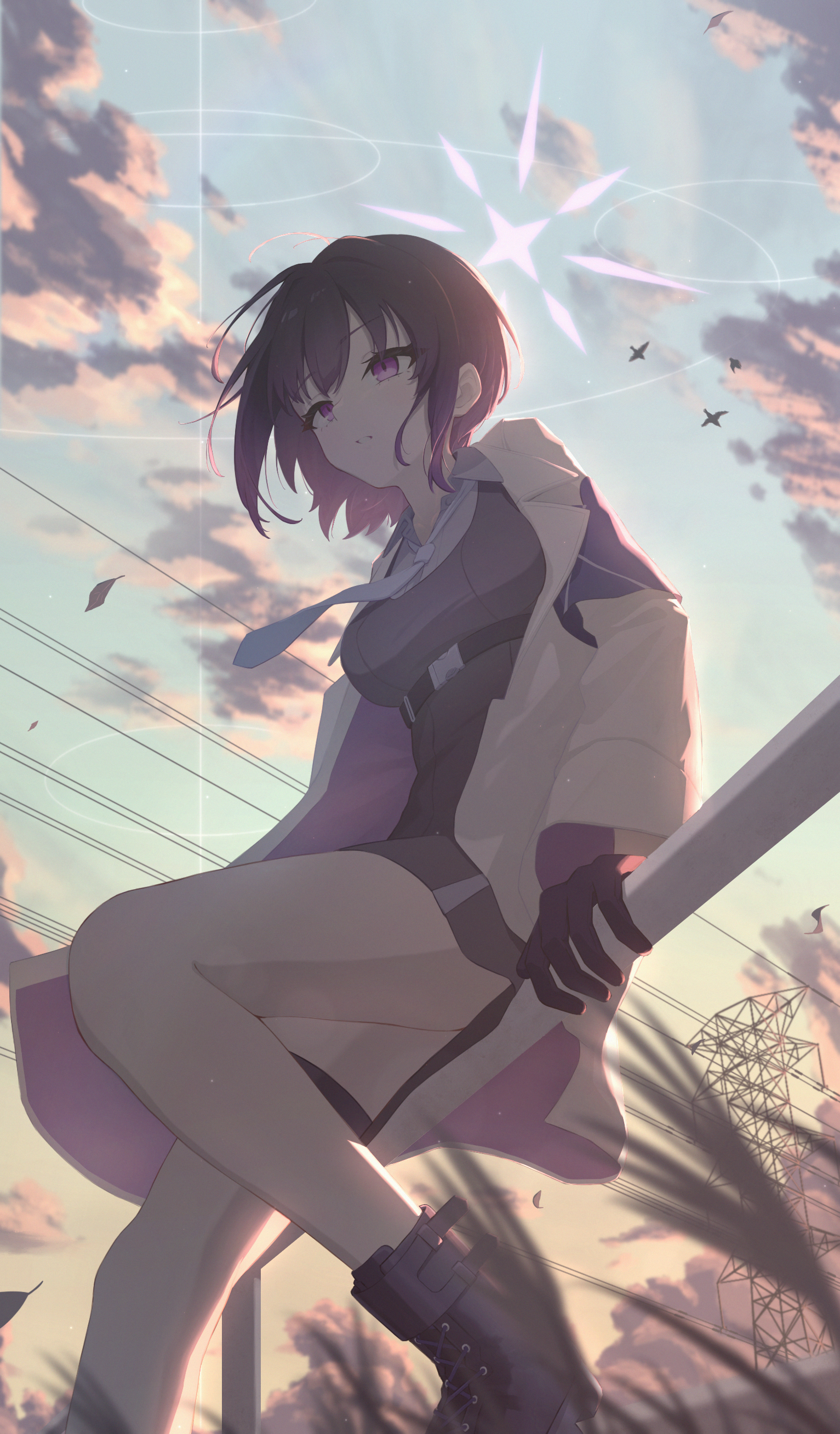 subaru (blue archive), blue archive, absurdres, commentary, highres, 1girl, armband, black gloves, black hair, blue sky, boots, breasts, cloud, coat, dress, dress over shirt, falling leaves, from below, gloves, gradient hair, grass, grey dress, halo, leaf, looking ahead, medium breasts, mira k, multicolored hair, necktie, on railing, orange sky, outdoors, parted lips, power lines, purple armband, purple eyes, purple hair, purple halo, purple shirt, railing, shirt, short hair, simple bird, sitting, sky, solo, sunset, transmission tower, white coat