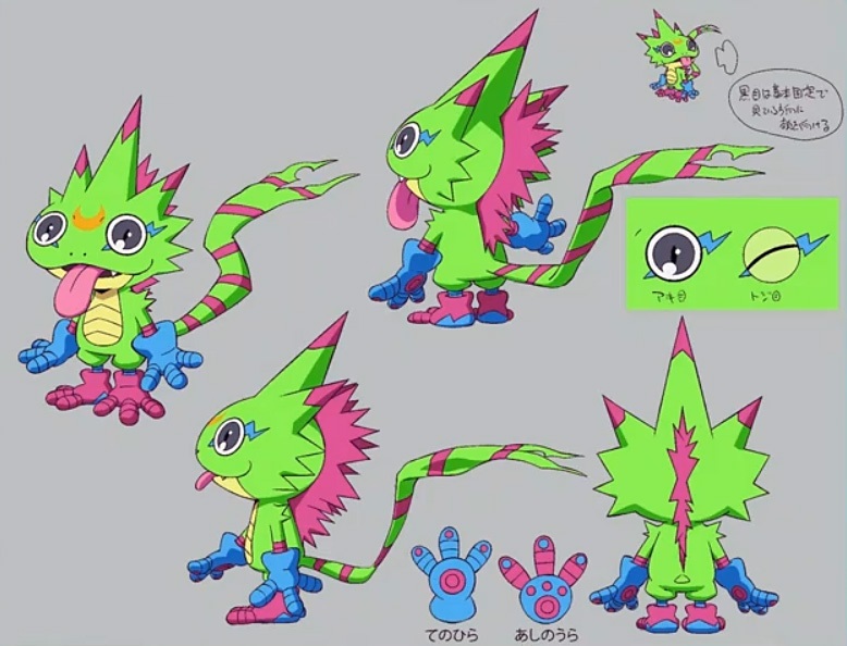 gekkomon, digimon, digimon beatbreak, toei company, official art, 1boy, :3, blue gloves, digimon (creature), full body, gloves, grey background, multiple views, reference sheet, simple background, standing, tail, tongue, tongue out