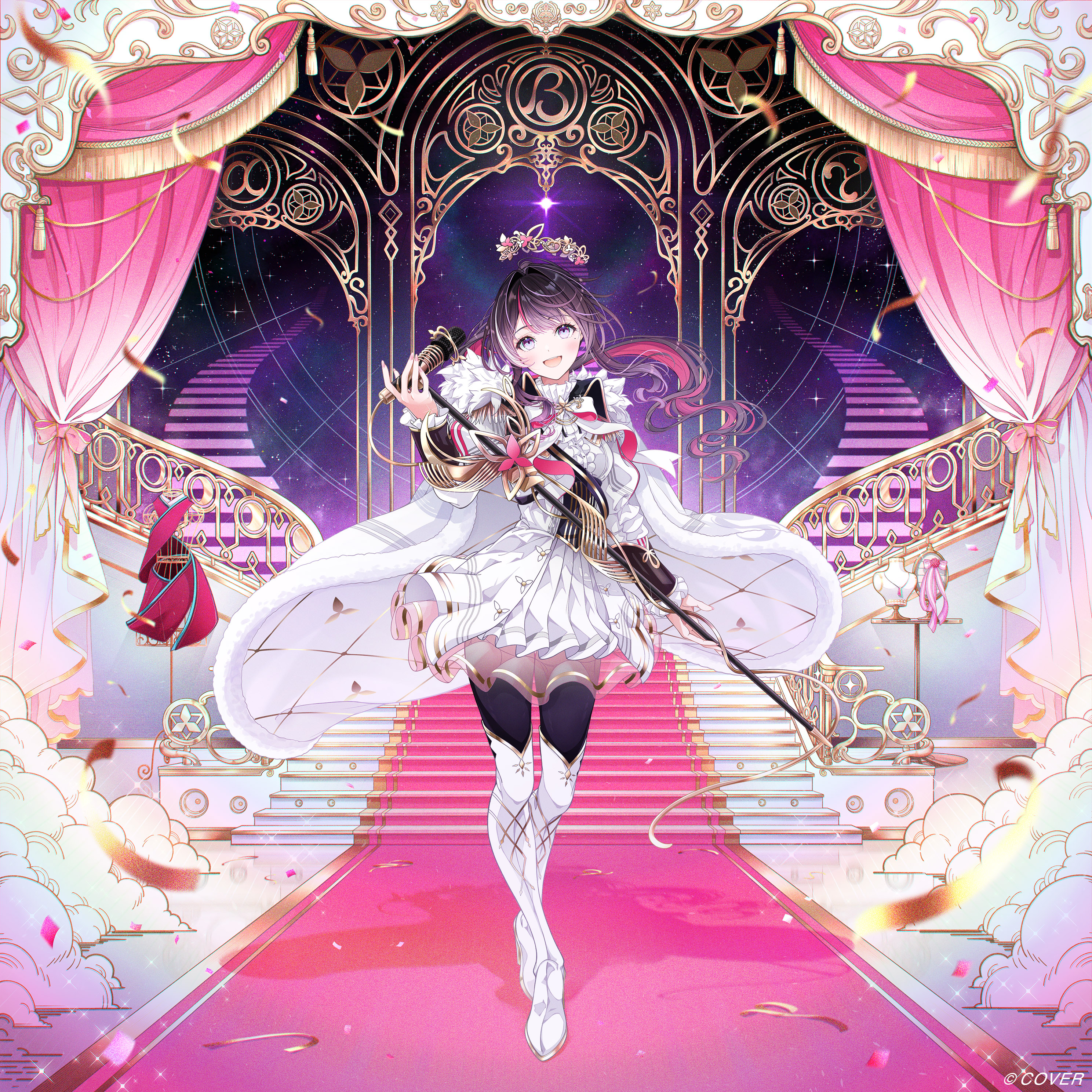 muto (n0sug4r), azki (hololive), hololive, absurdres, commentary request, highres, official art, 1girl, :d, azki (prima diva) (hololive), black corset, black hair, blonde hair, boots, bow, bowtie, cape, center frills, colored inner hair, confetti, copyright notice, corset, crown, curtains, double-parted bangs, dress, floating crown, floating hair, frilled dress, frills, full body, fur cape, gold trim, hair between eyes, hair intakes, holding, holding microphone, jacket, layered skirt, long hair, long sleeves, looking at viewer, microphone, miniskirt, mole, mole under eye, multicolored hair, official alternate costume, official alternate hairstyle, open mouth, pink hair, pleated skirt, purple eyes, see-through skirt layer, shirt, sidelocks, skirt, smile, solo, stairs, straight-on, streaked hair, teeth, thigh boots, upper teeth only, virtual youtuber, white boots, white bow, white bowtie, white cape, white hair, white jacket, white shirt, white skirt