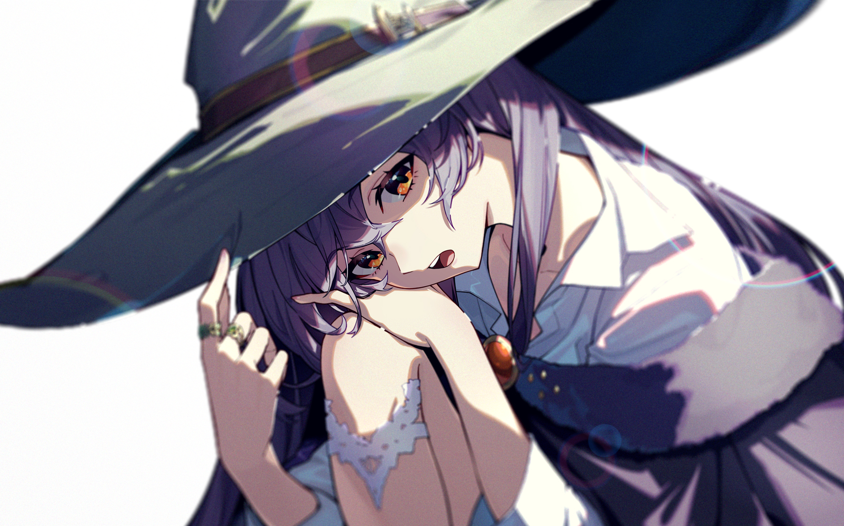 essual (layer world), original, highres, 1girl, hair between eyes, hat, jewelry, long hair, looking at viewer, multiple rings, open mouth, purple hair, ring, shirt, solo, white background, white shirt, witch, witch hat