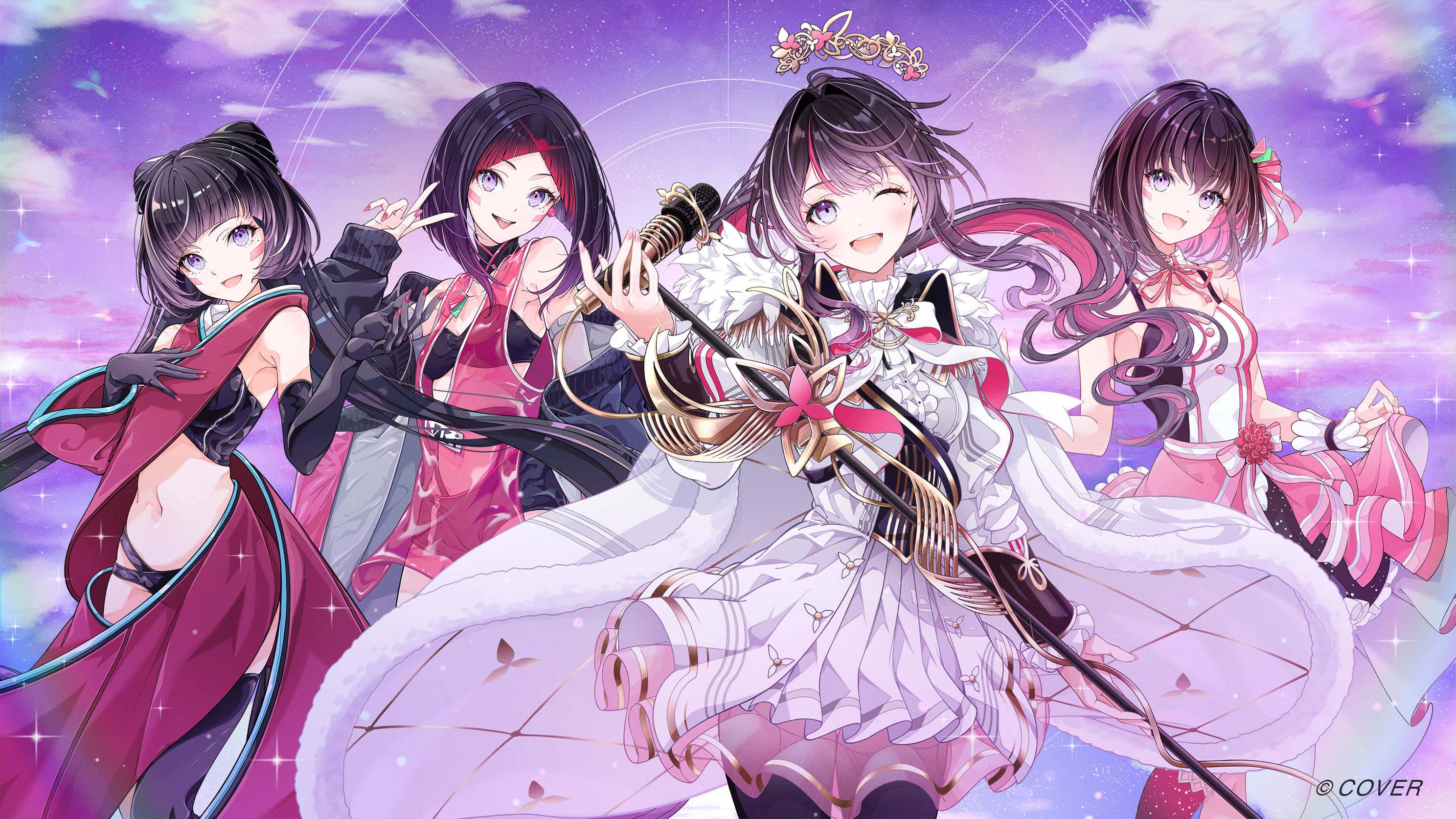 muto (n0sug4r), azki (1st costume) (hololive), azki (2nd costume) (hololive), azki (3rd costume) (hololive), azki (hololive), hololive, commentary request, highres, official art, 4girls, :d, ;d, azki (prima diva) (hololive), bikini, black bikini, black bra, black coat, black corset, black dress, black gloves, black hair, black panties, blunt bangs, bob cut, bow, bowtie, bra, breasts, cape, center frills, cloud, coat, colored inner hair, copyright name, corset, crown, detached collar, detached sleeves, double-parted bangs, double bun, dress, elbow gloves, facial mark, floating crown, floating hair, frilled dress, frilled wrist cuffs, frills, fur cape, gloves, gold trim, gradient hair, hair between eyes, hair bun, hair intakes, hand up, highleg, highleg panties, holding, holding microphone, idol, idol clothes, inverted bob, jacket, layered skirt, long coat, long hair, long sleeves, looking at viewer, low twintails, medium breasts, medium hair, microphone, miniskirt, mole, mole under eye, multi-strapped bikini bottom, multicolored dress, multicolored hair, multiple girls, navel, neck ribbon, off shoulder, official alternate costume, official alternate hairstyle, one eye closed, open mouth, outdoors, panties, pants, panty straps, pink dress, pink hair, pink ribbon, pink sash, pleated skirt, purple eyes, purple hair, purple sky, red dress, red sleeves, ribbon, sash, see-through clothes, see-through dress, see-through skirt layer, shirt, short dress, short hair, side up bun, sidelocks, single detached sleeve, skirt, skirt hold, sky, sleeveless, sleeveless dress, small breasts, smile, socks, stomach, strapless, strapless bra, streaked hair, swimsuit, teeth, twintails, underwear, upper teeth only, v, very long hair, virtual youtuber, waist bow, white bow, white bowtie, white cape, white dress, white hair, white jacket, white shirt, white skirt, wrist cuffs