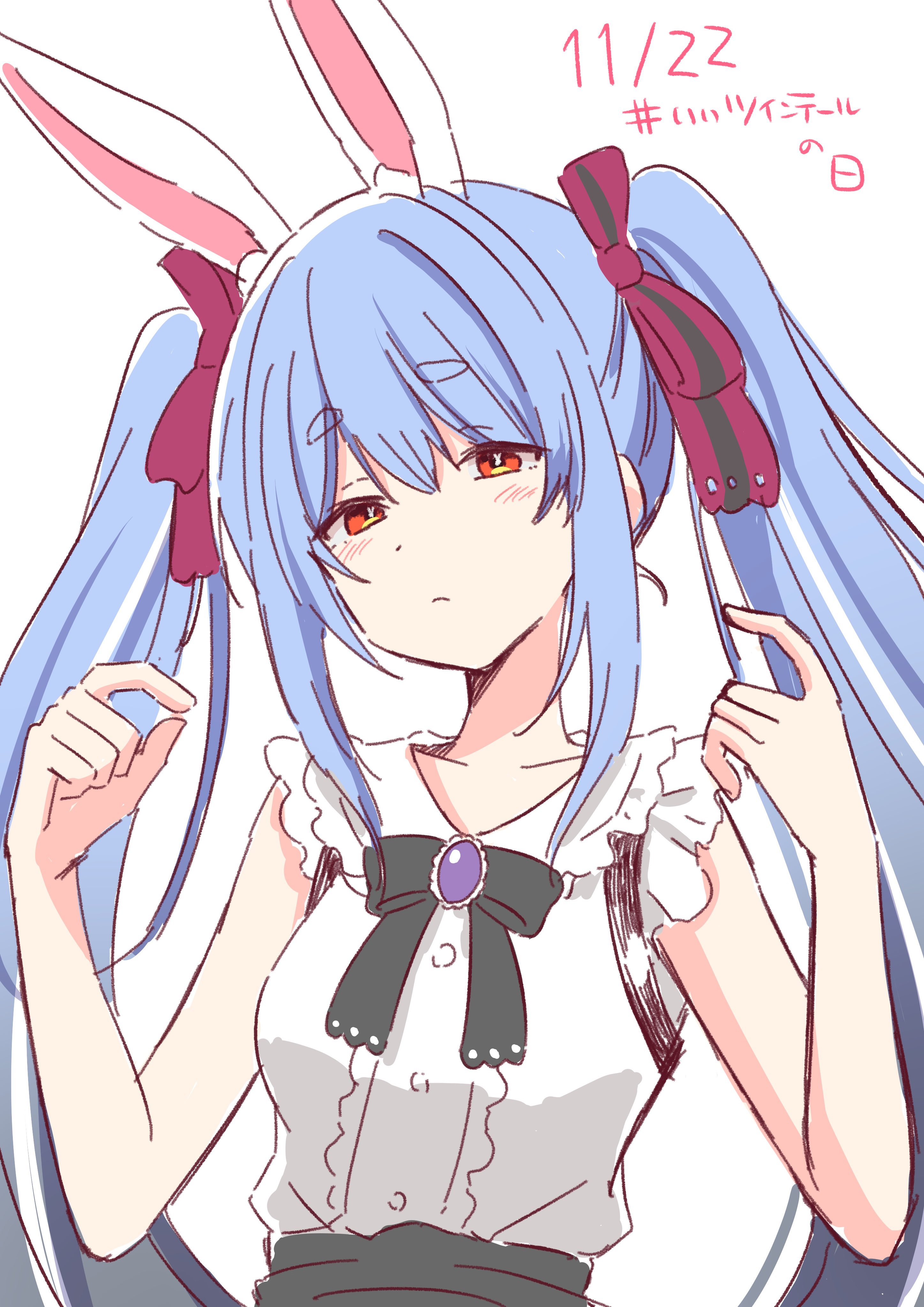 kiritoma, usada pekora, usada pekora (11th costume), hololive, absurdres, commentary request, highres, 1girl, animal ear fluff, animal ears, bare arms, black bow, black skirt, blue hair, blush, bow, brooch, closed mouth, collared shirt, dated, dress shirt, hair between eyes, hair bow, hands up, high-waist skirt, jewelry, long hair, multicolored hair, rabbit-shaped pupils, rabbit ears, red eyes, shirt, short eyebrows, simple background, skirt, sleeveless, sleeveless shirt, solo, streaked hair, striped bow, symbol-shaped pupils, thick eyebrows, twintails, very long hair, virtual youtuber, white background, white hair, white shirt