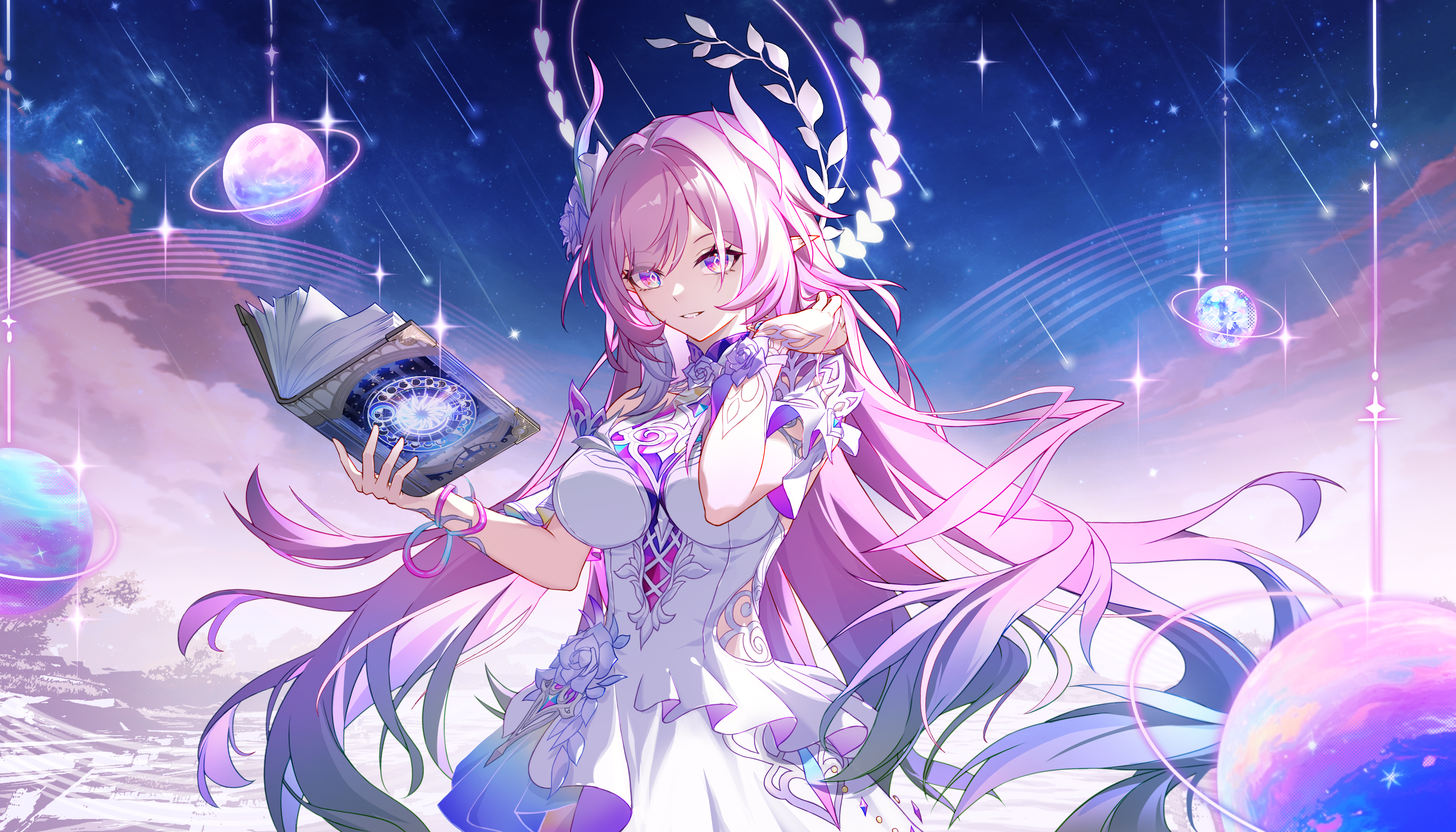 tongyu, cyrene (honkai: star rail), cyrene (ripples of past reverie) (honkai: star rail), honkai: star rail, honkai (series), absurdres, chinese commentary, commentary request, highres, revision, 1girl, as i've written (honkai: star rail), book, breasts, cowboy shot, dress, flower, gradient hair, hair flower, hair ornament, hand up, holding, holding book, large breasts, long hair, looking at viewer, multicolored hair, parted lips, pink hair, planet, purple eyes, purple flower, purple rose, rose, smile, solo, very long hair, white dress