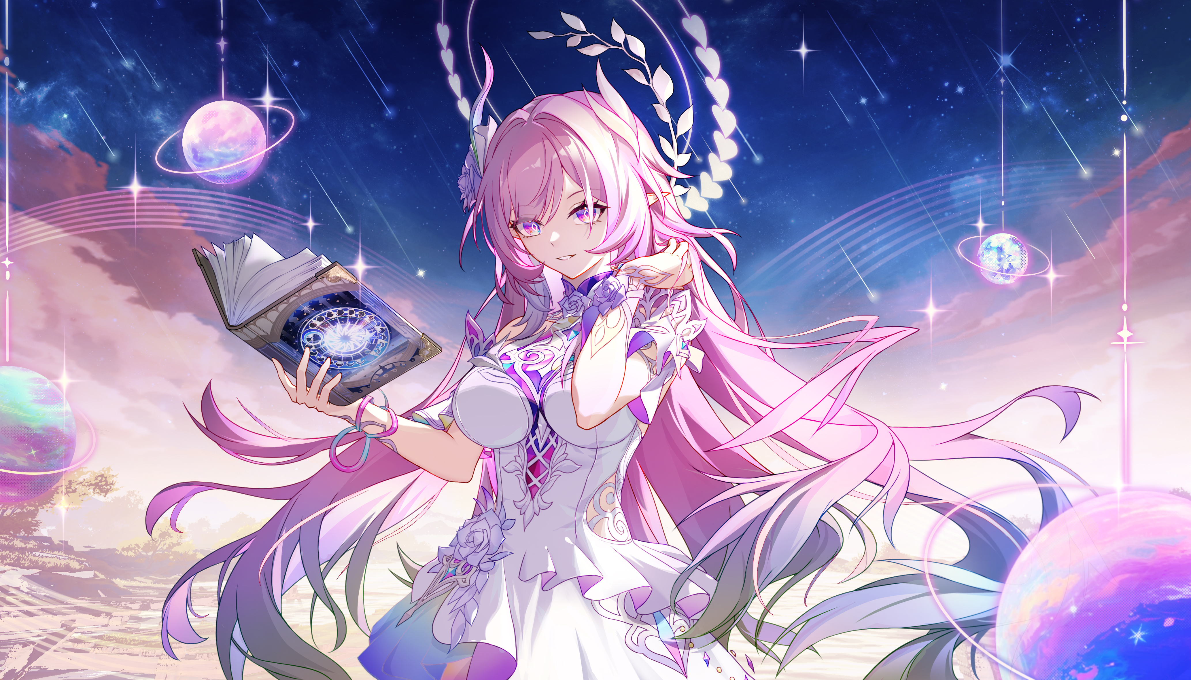 tongyu, cyrene (honkai: star rail), cyrene (ripples of past reverie) (honkai: star rail), honkai: star rail, honkai (series), absurdres, chinese commentary, commentary request, highres, revision, 1girl, as i've written (honkai: star rail), book, breasts, cowboy shot, dress, flower, gradient hair, hair flower, hair ornament, hand up, holding, holding book, large breasts, long hair, looking at viewer, multicolored hair, parted lips, pink hair, planet, purple eyes, purple flower, purple rose, rose, smile, solo, very long hair, white dress