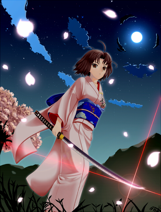 swimmer777, swimmer?, ryougi shiki, kara no kyoukai, 1girl, brown hair, cherry blossoms, female focus, full moon, japanese clothes, moon, short hair, solo, sword, weapon