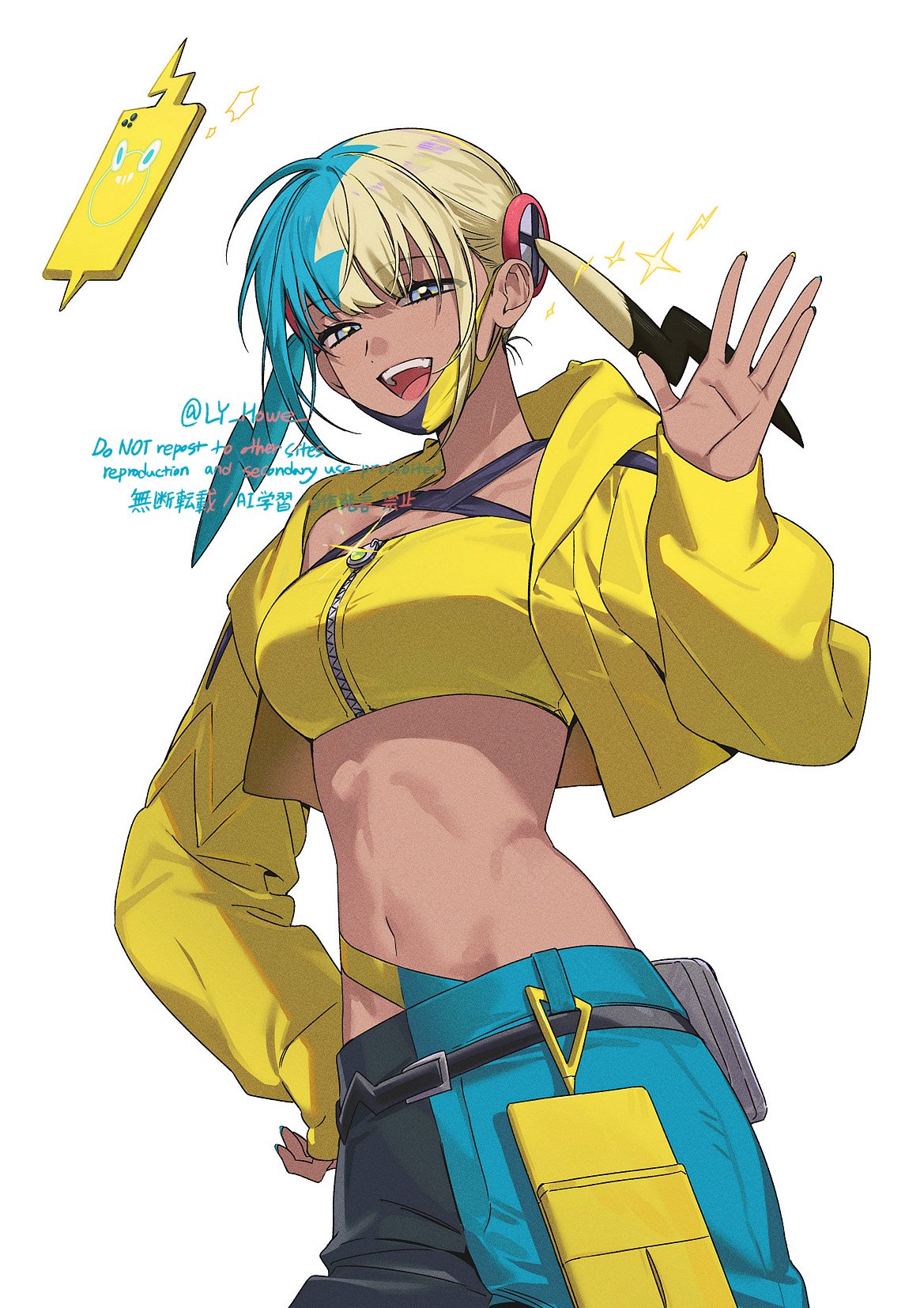 kitsune (ly howe), canari (pokemon), rotom, rotom phone, nintendo, pokemon, pokemon legends: z-a, highres, 1girl, aqua hair, bandeau, belt, black belt, black mask, blonde hair, blue eyes, breasts, criss-cross straps, dark-skinned female, dark skin, gen 4 pokemon, jacket, long sleeves, looking at viewer, mask, mask pull, medium breasts, mega stone, mouth mask, multicolored hair, navel, open mouth, pants, short twintails, simple background, smile, sparkle, split-color hair, sports bra, teeth, twintails, two-tone hair, two-tone mask, two-tone pants, upper teeth only, white background, yellow bandeau, yellow jacket, yellow mask, yellow sports bra