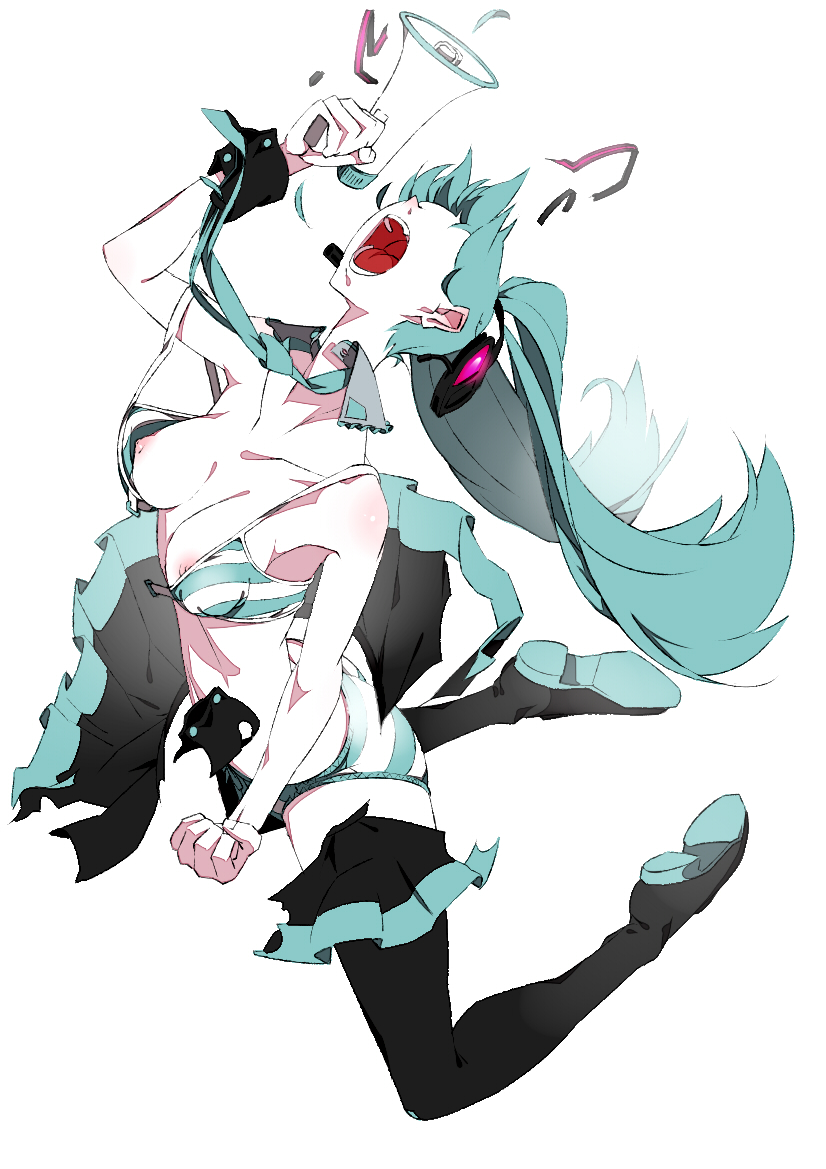 bthx, hatsune miku, koi wa sensou (vocaloid), vocaloid, bad id, bad pixiv id, 1girl, bra, breasts, female focus, large breasts, lingerie, megaphone, necktie, nipples, no eyes, open bra, panties, pantyhose, shouting, solo, striped bra, striped clothes, striped panties, torn clothes, torn pantyhose, underwear, wardrobe malfunction
