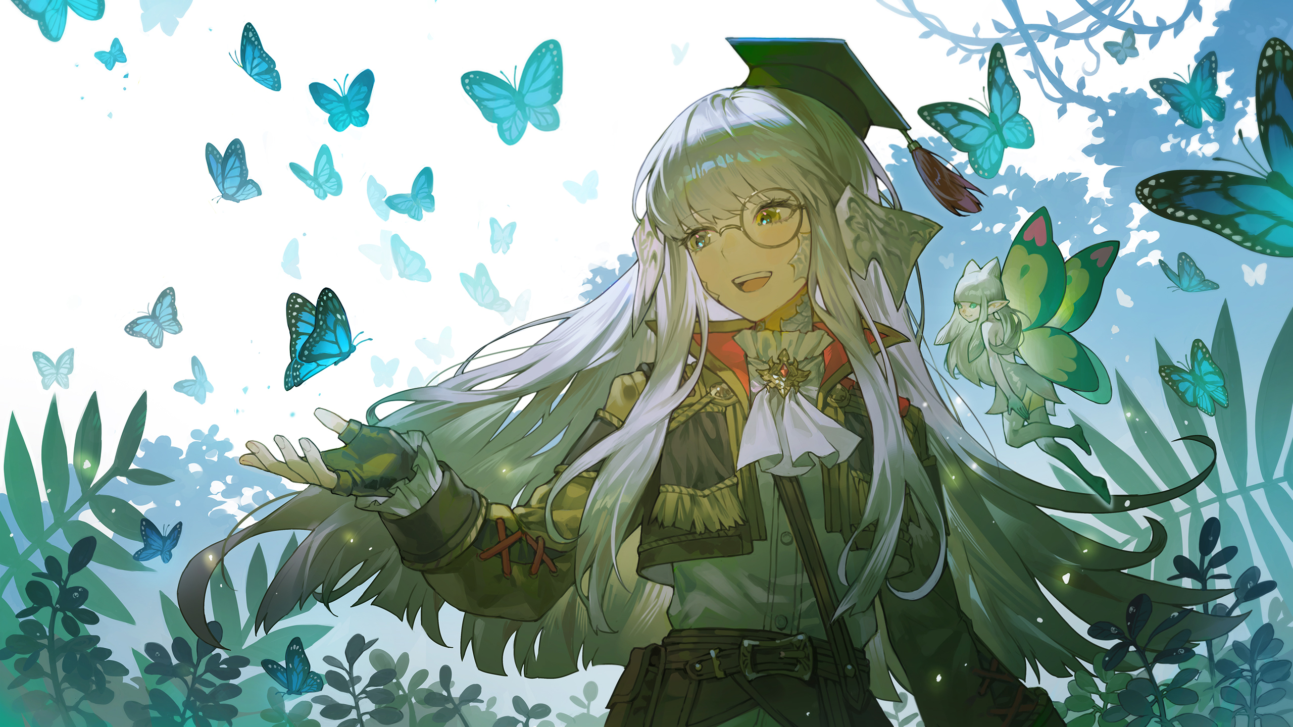 somok, eos (ff14), scholar (final fantasy), warrior of light (ff14), final fantasy, final fantasy xiv, highres, 2girls, :d, ascot, au ra, blue butterfly, bug, butterfly, dragon girl, dragon horns, fairy, fingerless gloves, foliage, gloves, hat, horns, insect, mini hat, mini person, minigirl, monocle, mortarboard, multiple girls, open mouth, smile, teeth, upper body, upper teeth only, white ascot, white hair, white scales, yellow eyes