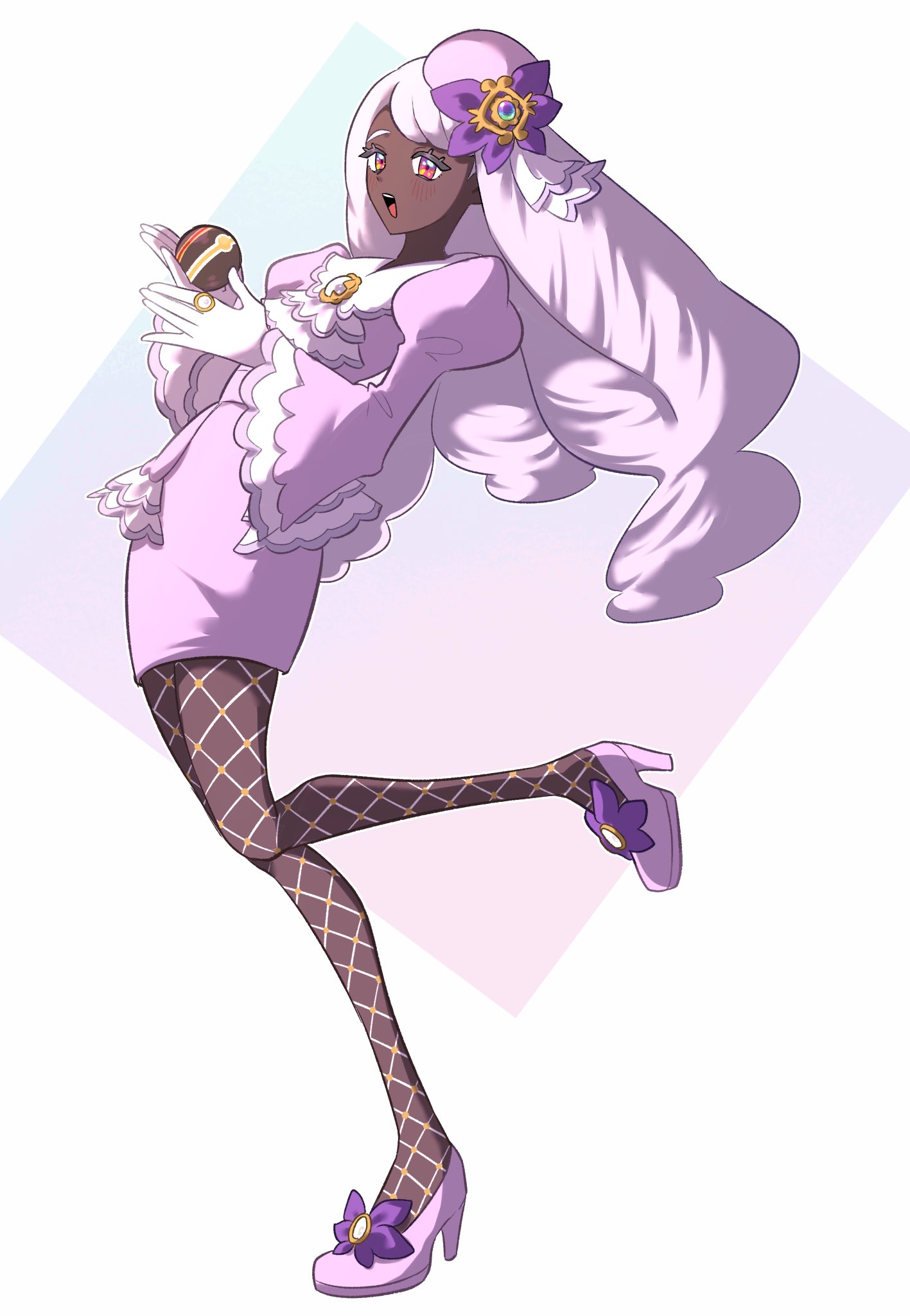 tori (torisan pokemon), jacinthe (pokemon), nintendo, pokemon, pokemon legends: z-a, highres, 1girl, ascot, blush, breasts, dark-skinned female, dark skin, dress, fascinator, fishnet pantyhose, fishnets, frilled ascot, frills, gloves, gold ring, hair ornament, high heels, holding, holding poke ball, juliet sleeves, long hair, long sleeves, looking at viewer, low drills, luxury ball, mega stone, open mouth, pantyhose, poke ball, puffy sleeves, purple dress, purple eyes, purple hair, smile, solo, teeth, upper teeth only, very dark skin, white gloves