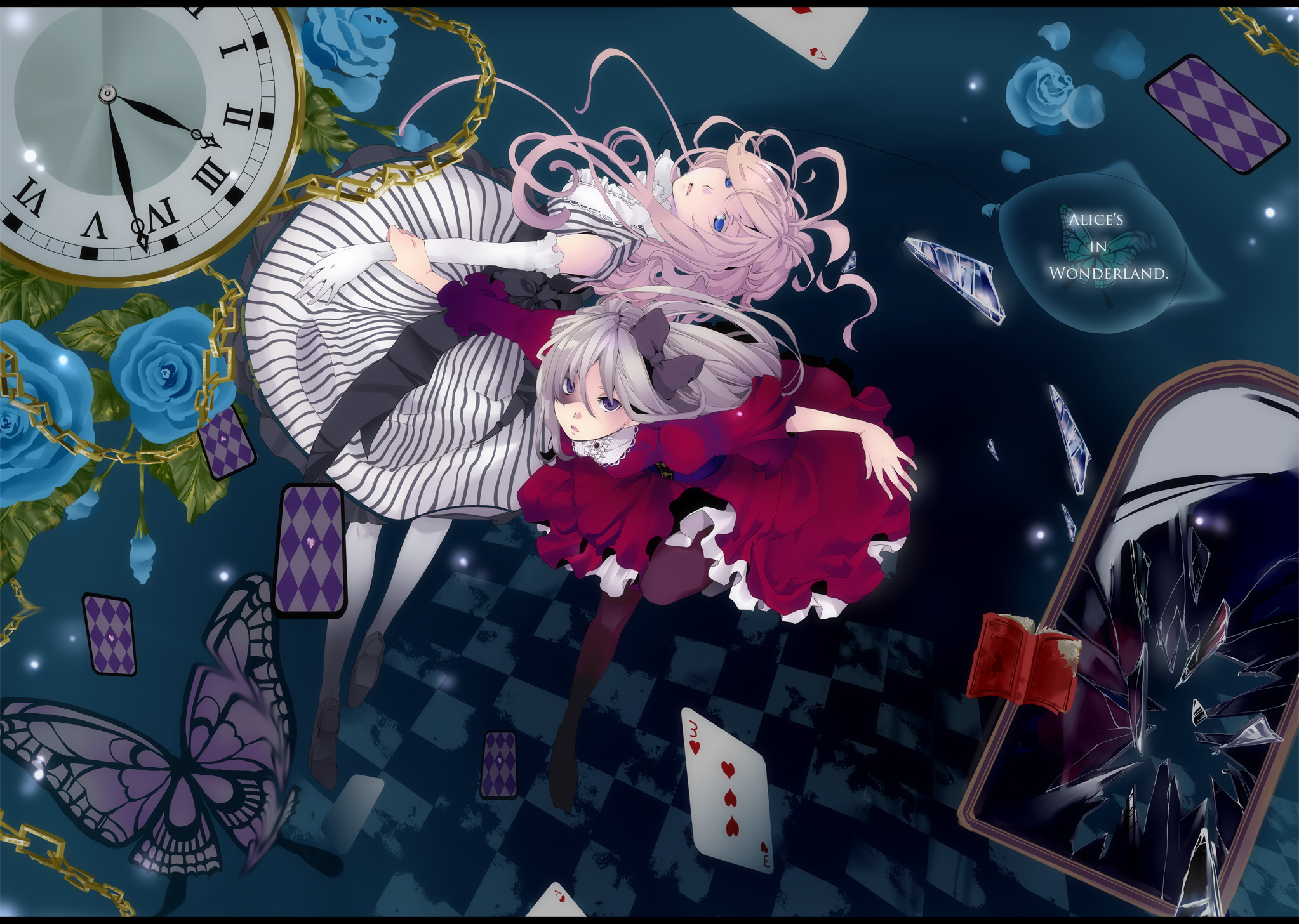 kuduq, alice's adventures in wonderland, silver hair, bad id, bad pixiv id, highres, 2girls, blue eyes, bow, bug, butterfly, card, chain, dress, floating card, flower, hair bow, long hair, mirror, multiple girls, pantyhose, pink hair, pocket watch, purple eyes, rose, watch