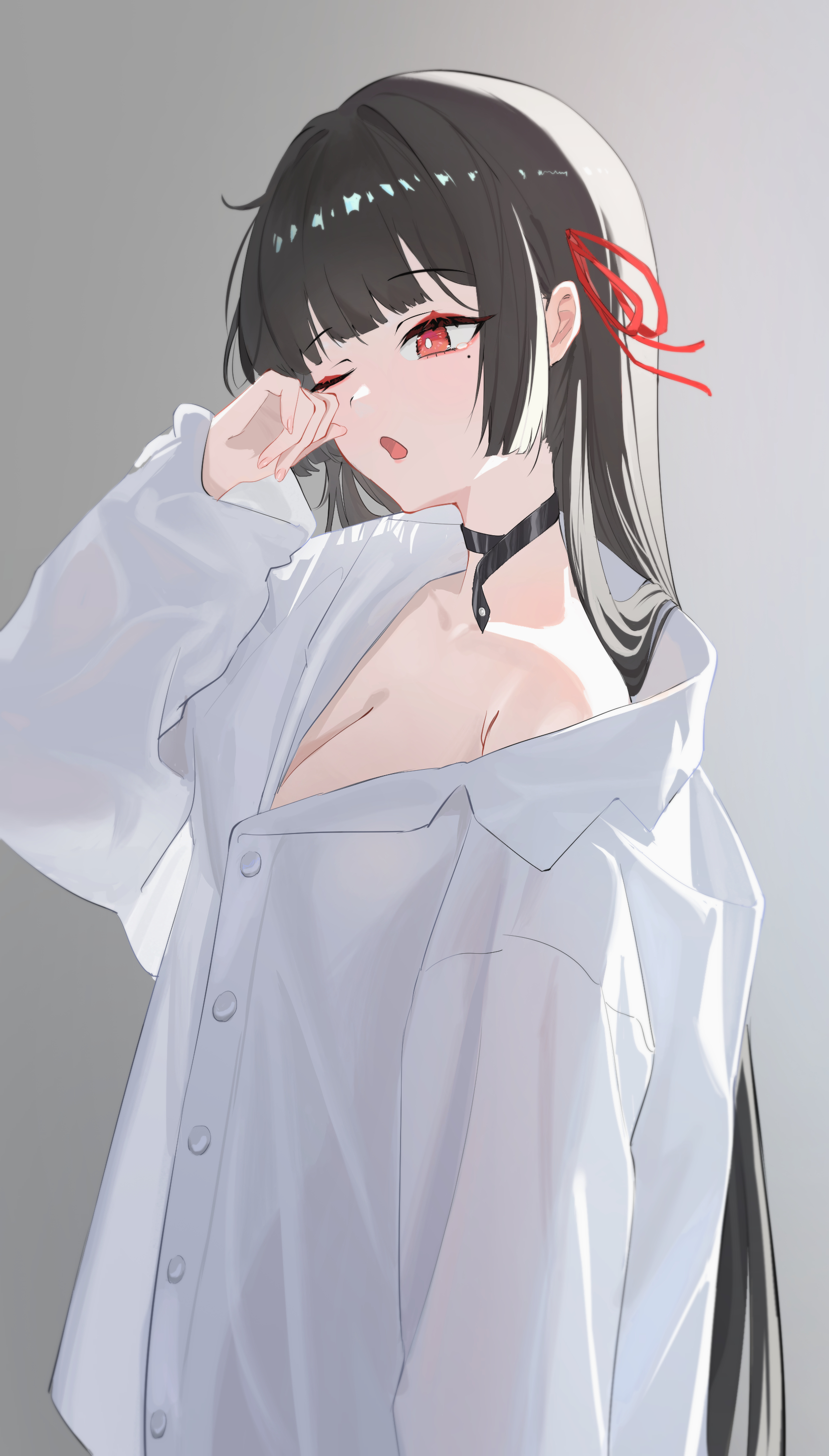 chisa (wuthering waves), wuthering waves, absurdres, highres, 1girl, a ku kaka, black choker, black hair, breasts, choker, cleavage, fingernails, hair ribbon, long hair, medium breasts, mole, mole under eye, one eye closed, open mouth, red eyes, red ribbon, ribbon, rubbing eyes, single off shoulder, solo, upper body, very long hair