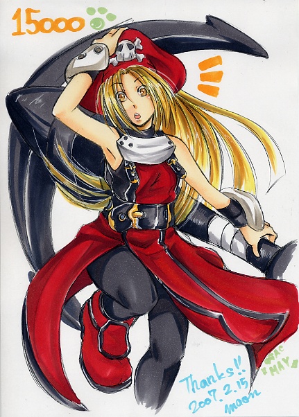 maon, may (guilty gear), arc system works, guilty gear, guilty gear x, guilty gear xx, marker (medium), traditional media, 1girl, alternate color, anchor, blonde hair, dated, female focus, hat, long hair, milestone celebration, pantyhose, paw print, pirate hat, red hat, signature, solo, wrist cuffs, yellow eyes