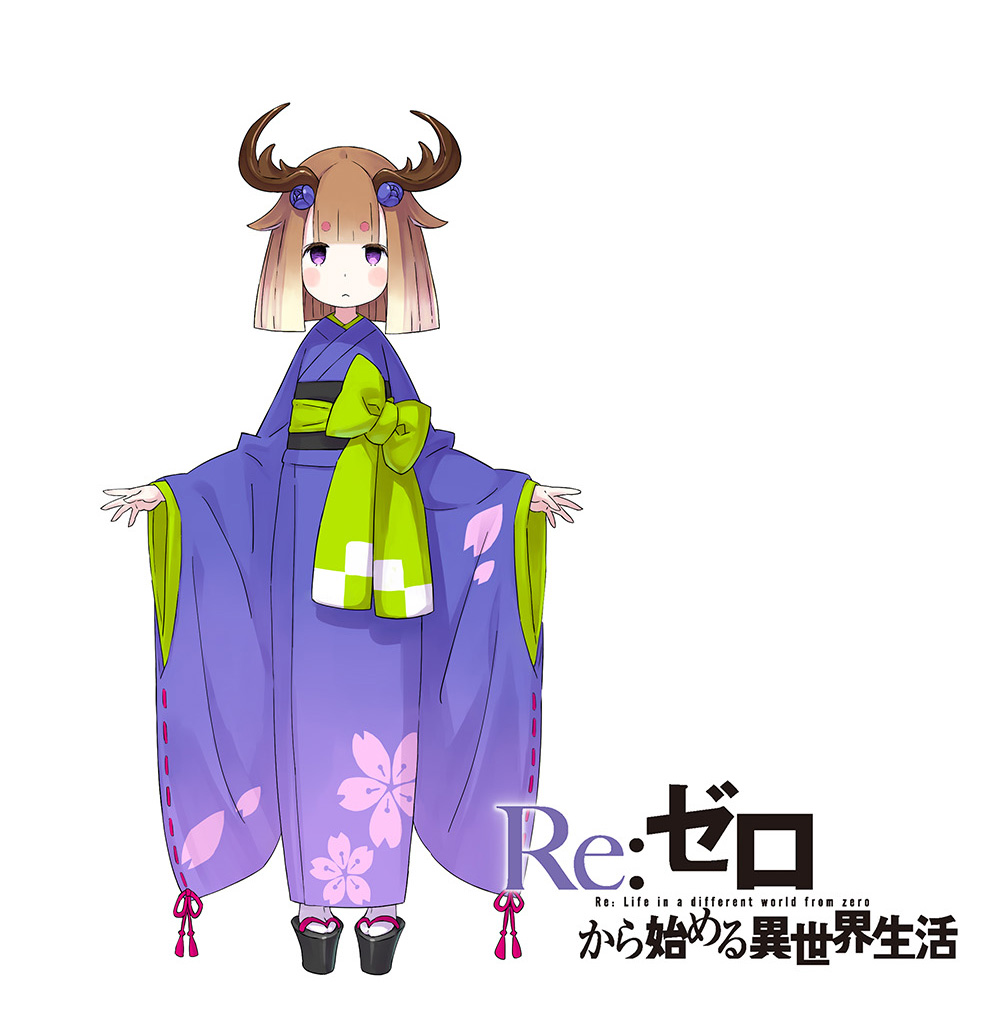 ootsuka shin'ichirou, tanza (re:zero), re:zero kara hajimeru isekai seikatsu, commentary request, official art, 1girl, animal ears, antlers, black sandals, blunt bangs, blush, blush stickers, brown hair, closed mouth, copyright name, deer antlers, deer ears, deer girl, empty eyes, full body, green sash, hair ornament, horns, japanese clothes, kimono, long sleeves, looking at viewer, obi, okobo, open hands, platform sandals, purple eyes, purple kimono, sandals, sash, short hair, simple background, solo, spread fingers, standing, tareme, white background, wide sleeves