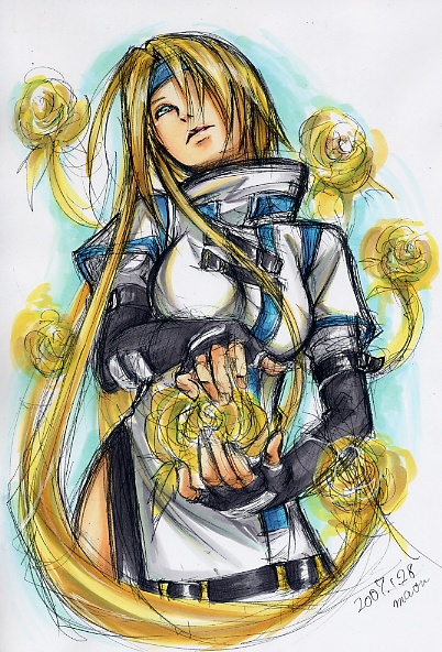 maon, millia rage, arc system works, guilty gear, marker (medium), millipen (medium), pen (medium), traditional media, 1girl, blonde hair, blue eyes, breasts, cowboy shot, dated, female focus, fingerless gloves, flower, gloves, hair over one eye, headband, long hair, prehensile hair, rose, signature, sketch, solo, standing