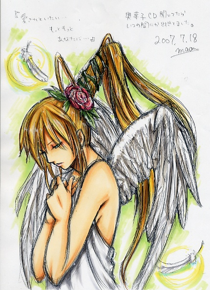 maon, original, marker (medium), millipen (medium), pen (medium), traditional media, 1girl, blonde hair, closed eyes, dated, feathers, female focus, hands on own chest, long hair, ponytail, praying, profile, signature, sketch, solo, wings
