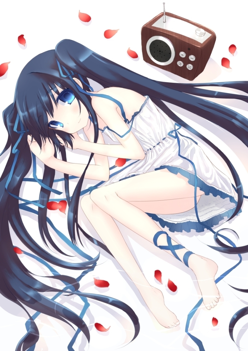 hiraga matsuri, hirasato, original, 1girl, bare shoulders, blush, dress, female focus, fetal position, full body, looking at viewer, petals, radio, rose petals, simple background, solo, sundress, twintails, white background, white dress