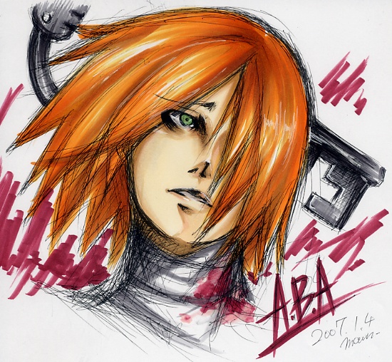 maon, a.b.a, arc system works, guilty gear, marker (medium), millipen (medium), pen (medium), traditional media, 1girl, bags under eyes, dated, female focus, green eyes, hair over one eye, key, key in head, object through head, orange hair, portrait, short hair, signature, sketch, solo
