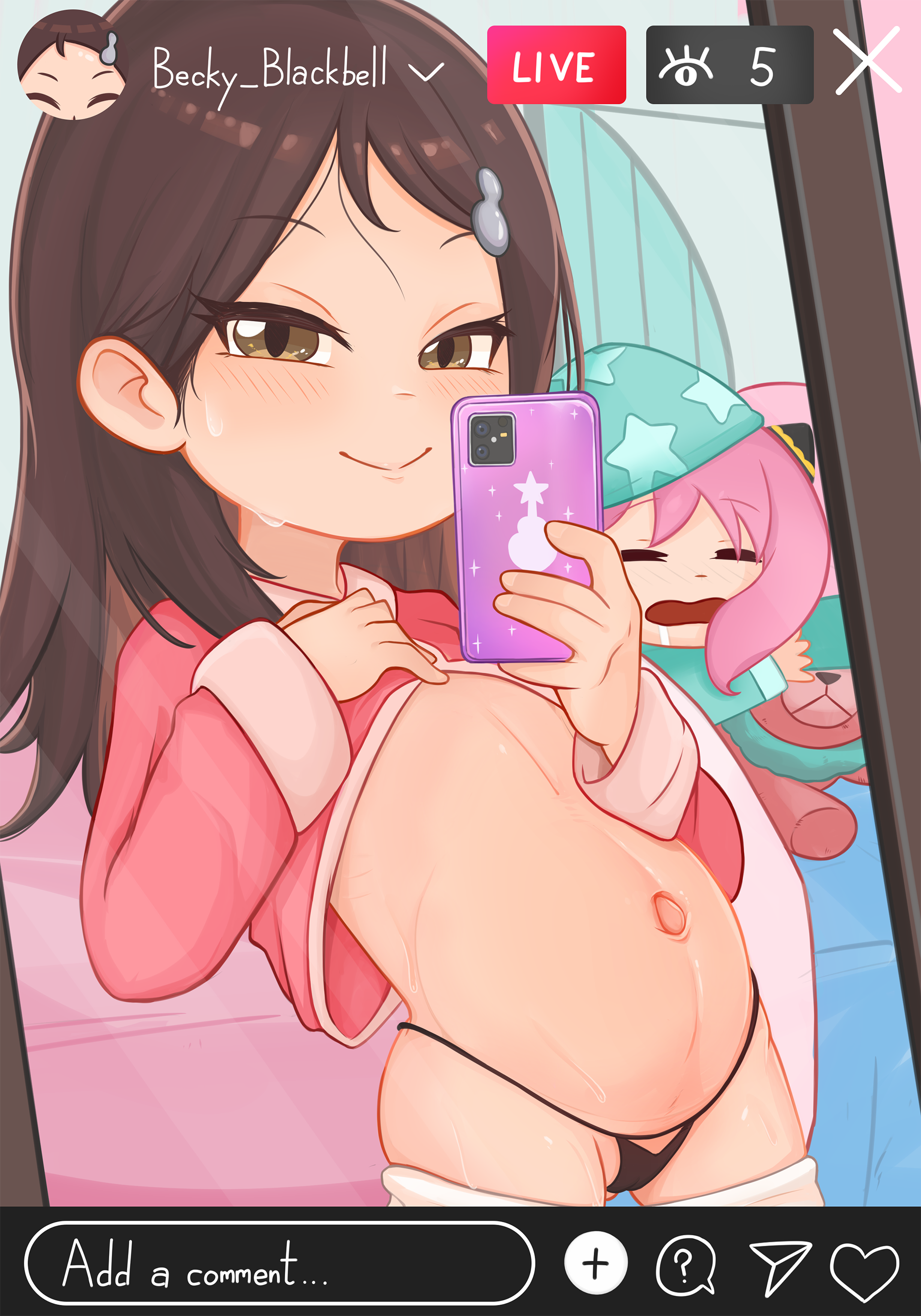 oscarlllll, anya (spy x family), becky blackbell, instagram, spy x family, variant set, 2girls, belly, black panties, blush, brown eyes, brown hair, cellphone, character name, closed mouth, clothes lift, clothes pull, cowboy shot, eyelashes, female focus, flat chest, half-closed eyes, hand on own chest, hand up, holding, holding phone, indoors, livestream, long hair, looking at mirror, matching hair/eyes, mirror, multiple girls, naughty face, navel, panties, pants, pants pull, phone, pink shirt, reflection, shirt, shirt lift, sleeping, smartphone, smile, solo focus, standing, underwear