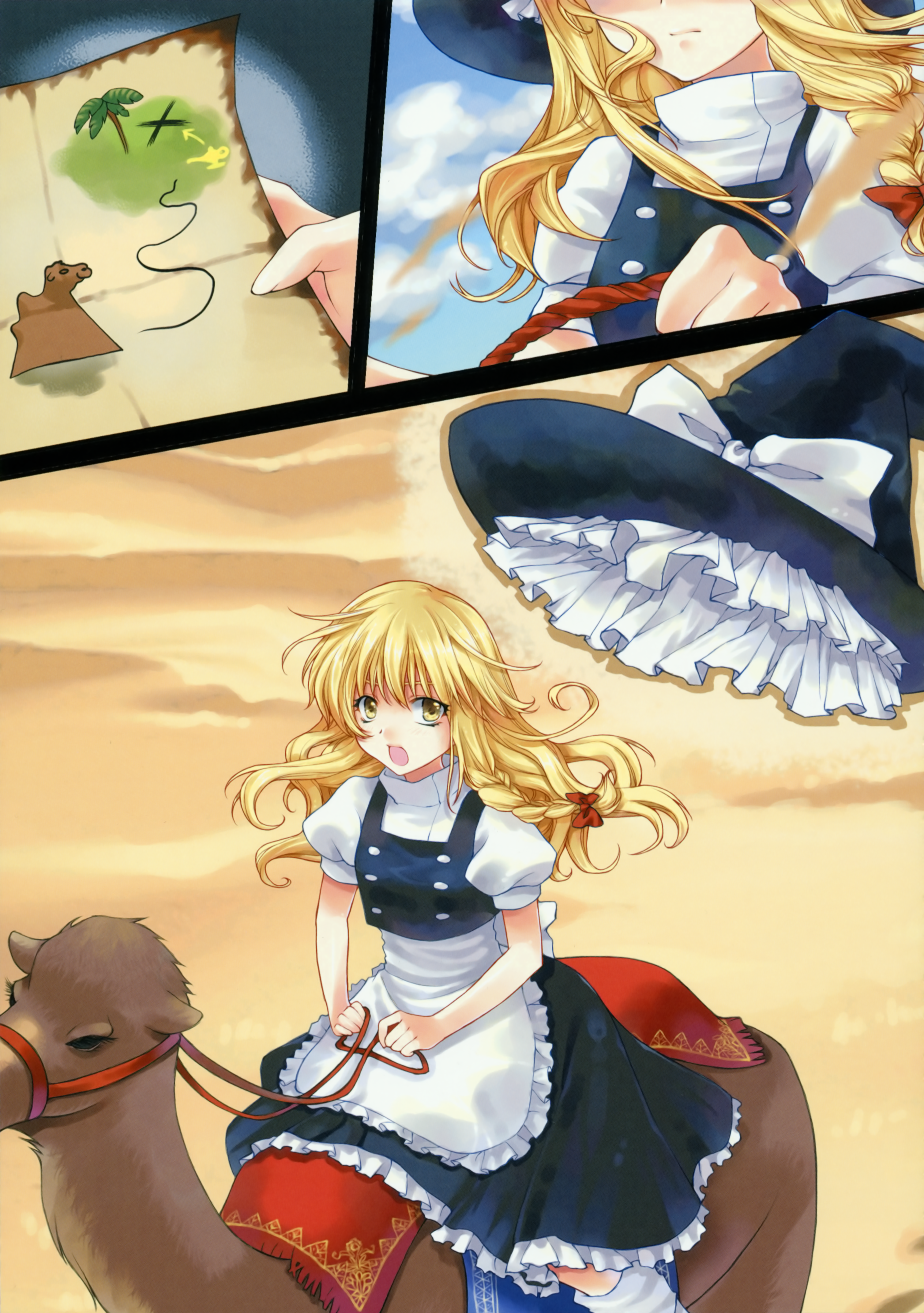 tenshimuma, tian shi meng mo, kirisame marisa, touhou, absurdres, highres, huge filesize, scan, 1girl, blonde hair, braid, buttons, camel, cloud, comic, desert, dress, female focus, hair ribbon, hat, map, outdoors, plant, ribbon, short hair, sky, solo, unworn hat, unworn headwear, witch, witch hat, yellow eyes