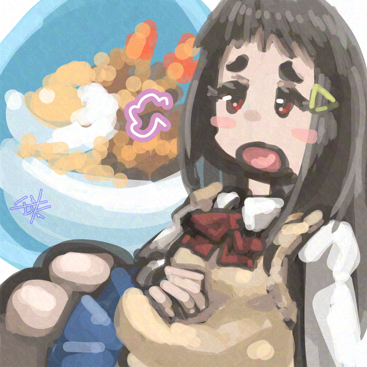 shinomiya hitomi, digimon, digimon beatbreak, artist request, 1girl, :o, bag, blush stickers, brown eyes, brown hair, food, hair ornament, hairclip, long hair, school bag, school uniform, smile, solo, standing