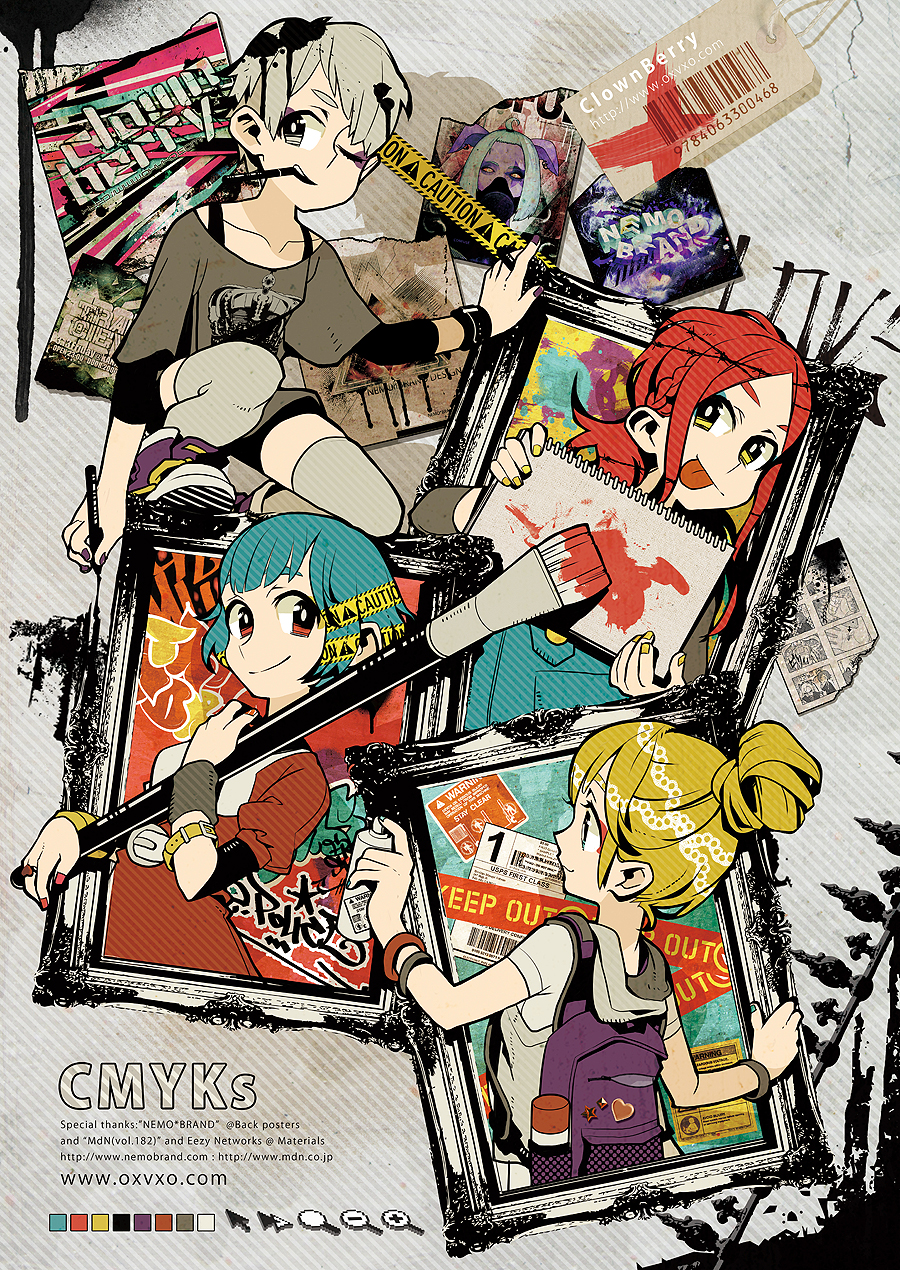 haruo (clownberry), bad id, bad pixiv id, highres, 4girls, :p, aqua hair, aqua nails, art brush, backpack, bag, blonde hair, giant brush, graffiti, grey hair, multiple girls, nail polish, paintbrush, pink nails, purple nails, randoseru, red eyes, red hair, short hair, spray paint, thighhighs, tongue, tongue out, wristband, yellow eyes, yellow nails