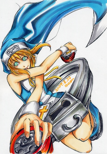 maon, bridget (guilty gear), arc system works, guilty gear, guilty gear xx, eyebrows, marker (medium), millipen (medium), pen (medium), traditional media, 1boy, blonde hair, blue eyes, cross, crossed arms, dutch angle, grey background, keyhole, male focus, signature, solo, trap, wrist cuffs, yo-yo