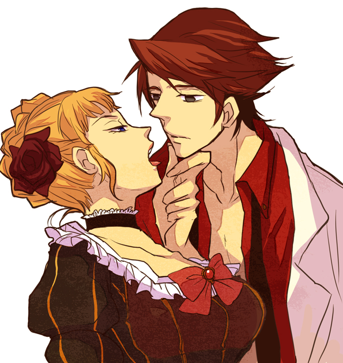 sudachips, beatrice (umineko), ushiromiya battler, umineko no naku koro ni, bad id, bad pixiv id, 00s, 1boy, 1girl, blonde hair, choker, collarbone, flower, grabbing another's chin, hair flower, hair ornament, hand on another's chin, open clothes, open mouth, open shirt, red hair, shirt, simple background, tongue
