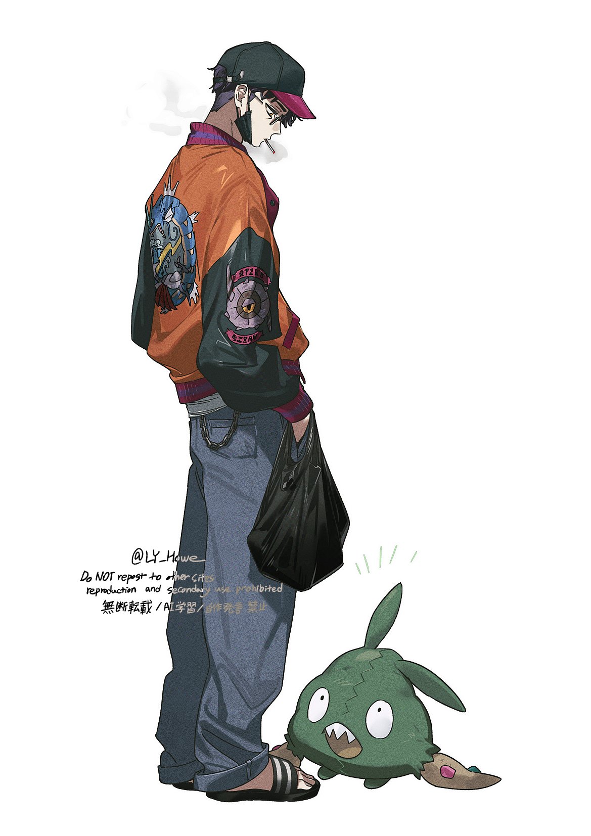 kitsune (ly howe), corbeau (pokemon), gyarados, trubbish, whirlipede, nintendo, pokemon, pokemon legends: z-a, highres, 1boy, alternate costume, baseball cap, black hair, black mask, black sleeves, blue pants, cigarette, fangs, gen 1 pokemon, gen 5 pokemon, glasses, hat, holding, jacket, long sleeves, mask, mask pull, mouth mask, open clothes, open mouth, orange jacket, pants, pokemon (creature), purple hair, round eyewear, sandals, sharp teeth, short hair, slides, smoking, teeth, trash, trash bag