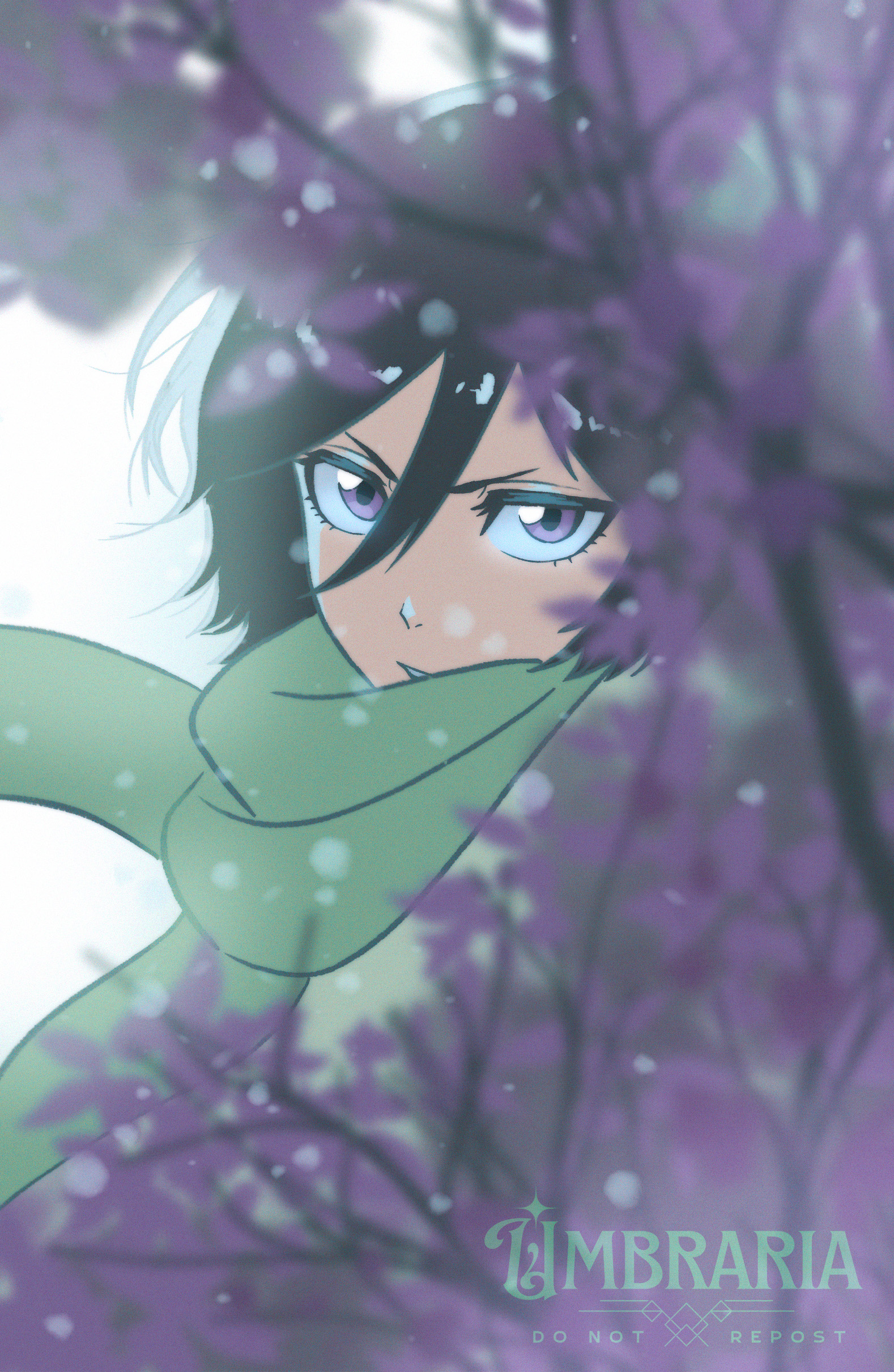 umbra (edits umbra), kuchiki rukia, bleach, absurdres, commentary, english commentary, highres, 1girl, artist name, black hair, blurry, blurry foreground, flower, green scarf, hair between eyes, looking at viewer, parted lips, purple eyes, scarf, short hair, solo