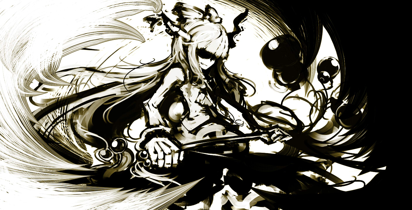 yoshioka yoshiko, ibuki suika, touhou, 1girl, clenched hand, clenched hands, female focus, horns, long hair, monochrome, oni, ribbon, solo, very long hair