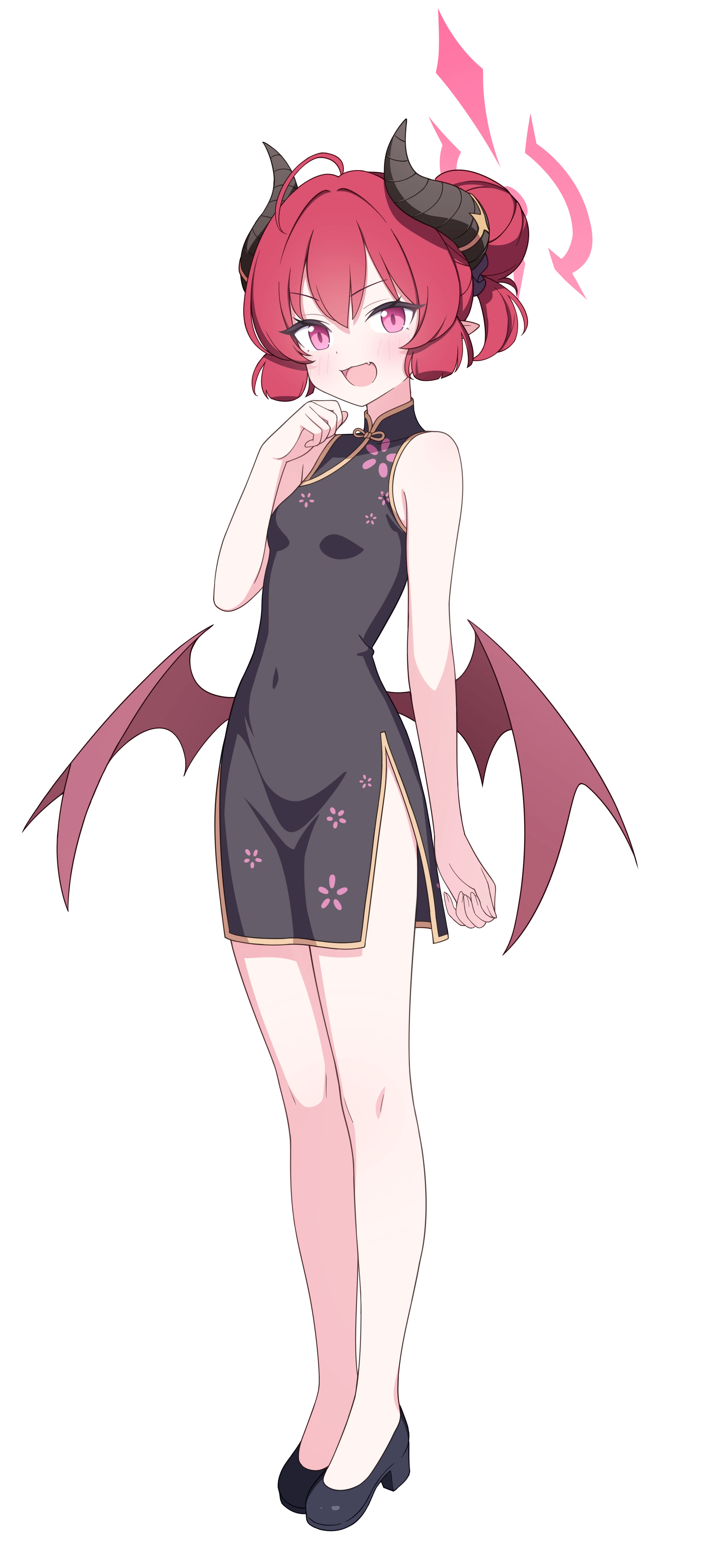 jyt, junko (blue archive), blue archive, absurdres, chinese commentary, commentary request, highres, second-party source, 1girl, :d, ahoge, alternate costume, alternate hairstyle, arm at side, bare shoulders, black dress, black horns, black shoes, blunt sidelocks, blush, breasts, china dress, chinese clothes, covered navel, curled fingers, demon horns, double-parted bangs, dress, fang, full body, hair between eyes, hair bun, halo, hand up, high heels, horns, legs together, looking at viewer, open mouth, pelvic curtain, pink eyes, pink halo, pointy ears, red hair, shoes, short hair, side slit, sidelocks, simple background, skin fang, sleeveless, sleeveless dress, slit pupils, small breasts, smile, solo, standing, tachi-e, transparent background, v-shaped eyebrows