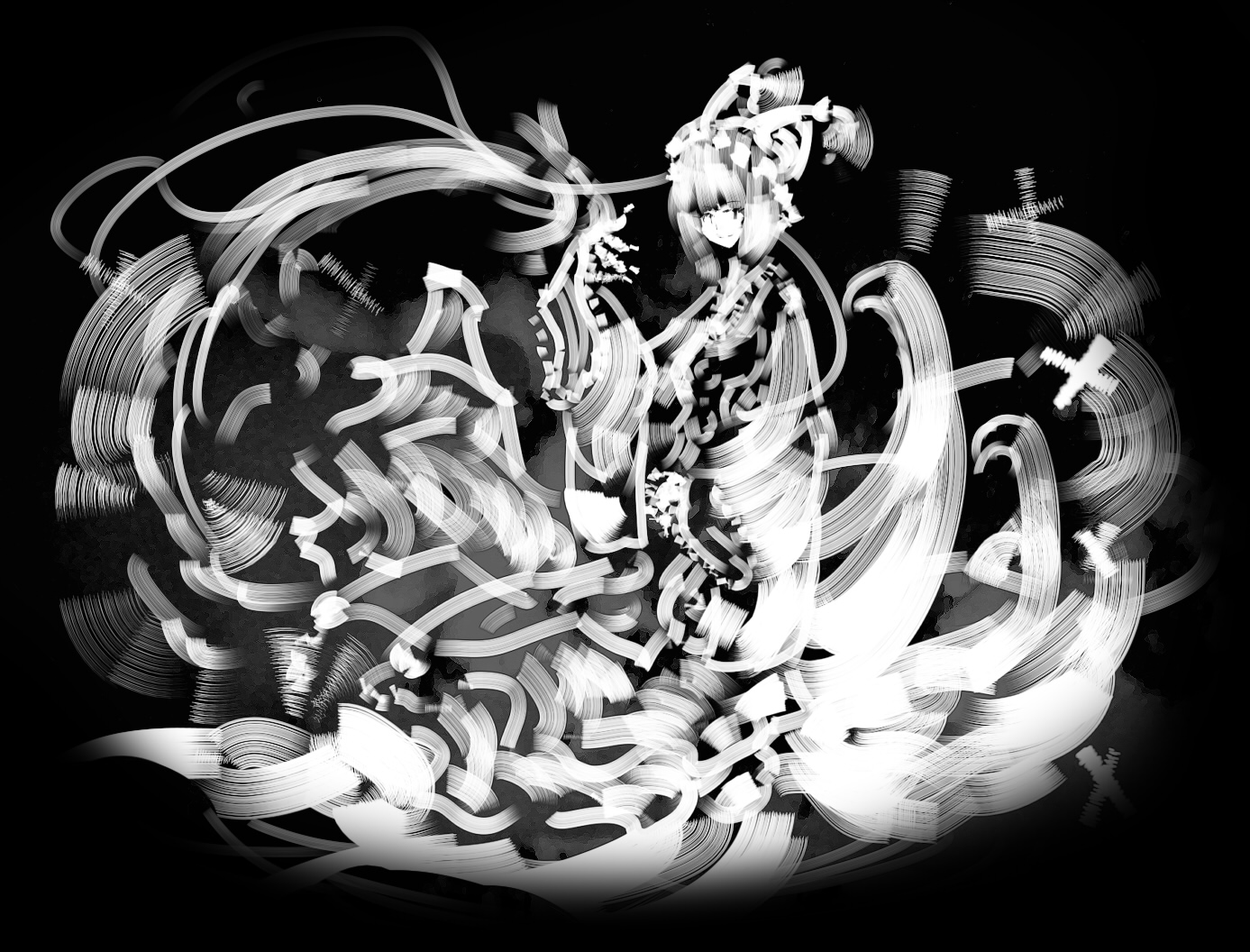 yoshioka yoshiko, yakumo ran, touhou, 1girl, animal hat, black background, female focus, fox tail, greyscale, hat, mob cap, monochrome, multiple tails, short hair, solo, tail