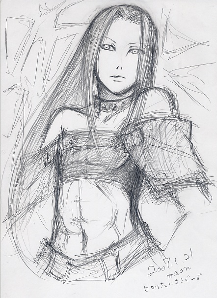 maon, testament (guilty gear), arc system works, guilty gear, gender request, graphite (medium), traditional media, abs, androgynous, bare shoulders, choker, dated, greyscale, long hair, male focus, midriff, monochrome, signature, sketch, solo