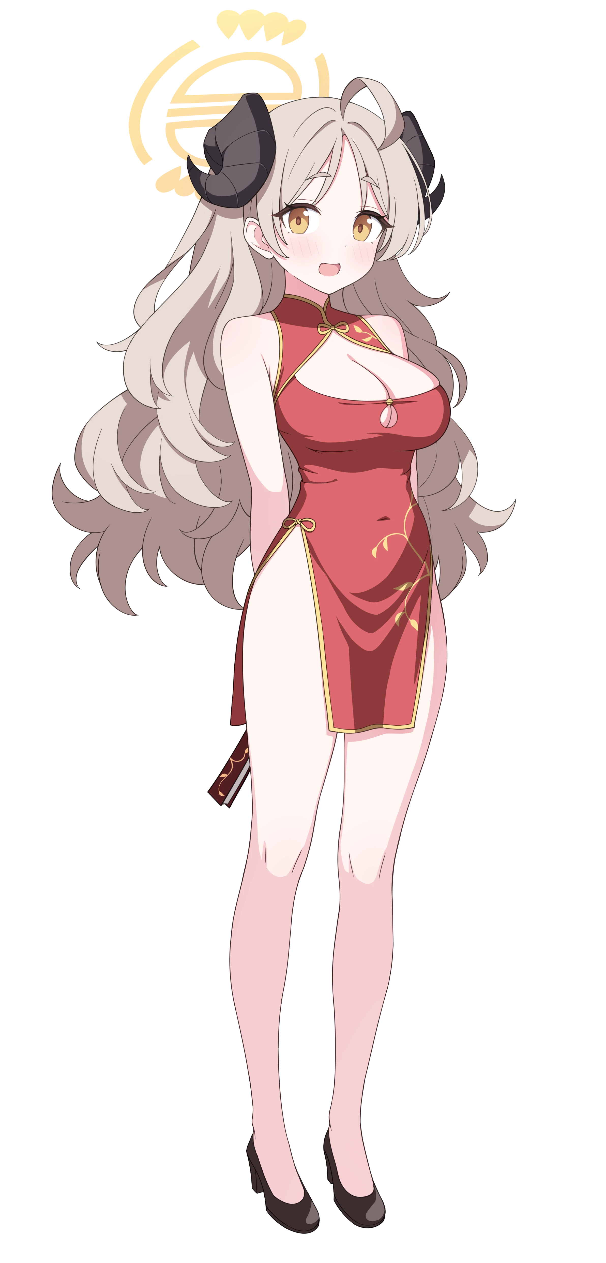 jyt, izumi (blue archive), blue archive, fluffy hair, absurdres, chinese commentary, commentary request, highres, second-party source, 1girl, :d, ahoge, alternate costume, arms behind back, bare shoulders, black horns, black shoes, blush, breasts, brown hair, china dress, chinese clothes, cleavage, cleavage cutout, clothing cutout, covered navel, curled horns, demon girl, demon horns, dot nose, dress, folded fan, folding fan, forehead, full body, halo, hand fan, high heels, holding, holding fan, horns, large breasts, long hair, looking at viewer, open mouth, parted bangs, pelvic curtain, red dress, shoes, side slit, simple background, sleeveless, sleeveless dress, smile, solo, standing, tachi-e, transparent background, very long hair, yellow eyes, yellow halo