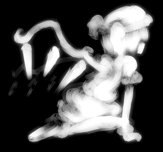 yoshioka yoshiko, flandre scarlet, touhou, 1girl, black background, female focus, from side, full body, greyscale, hat, kneeling, mob cap, monochrome, ribbon, short hair, silhouette, solo, wings